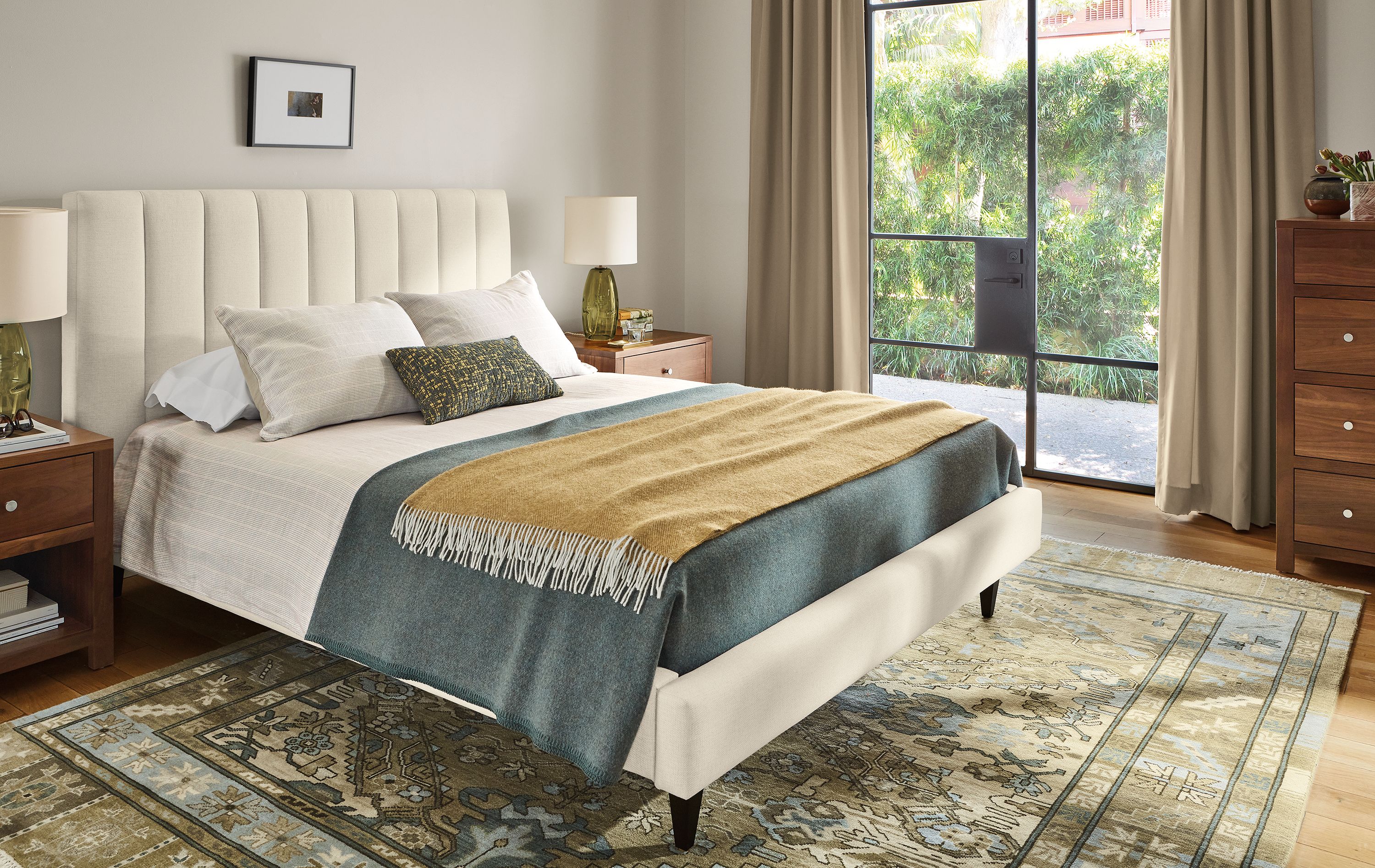 48" high headboard queen bed in Sumner ivory fabric