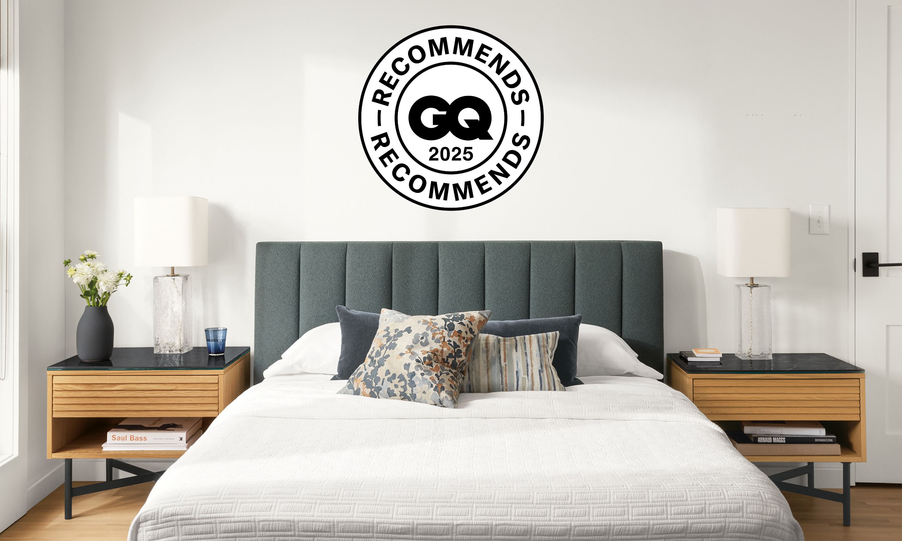 40" high headboard queen bed in Declan haze fabric, as featured in GQ