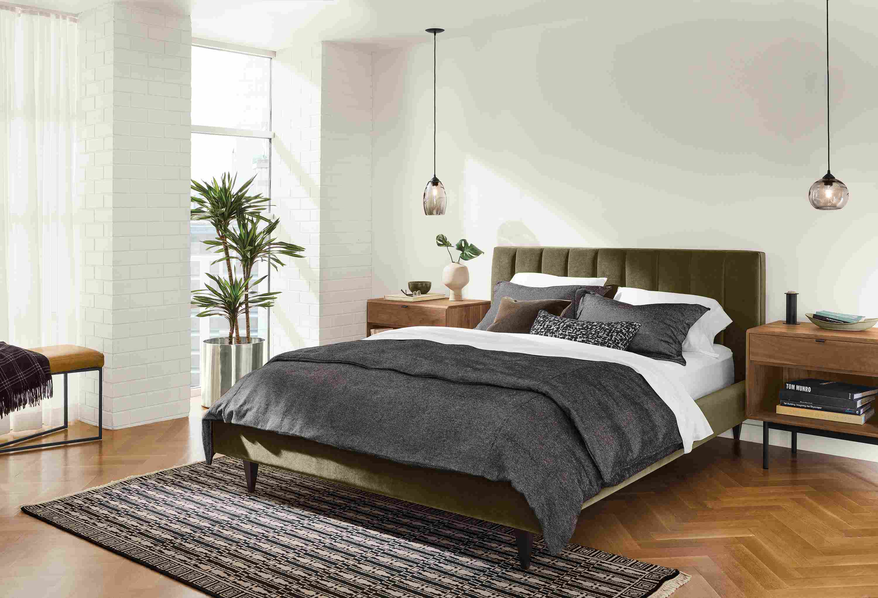 Detail of Hartley queen bed in velvet.