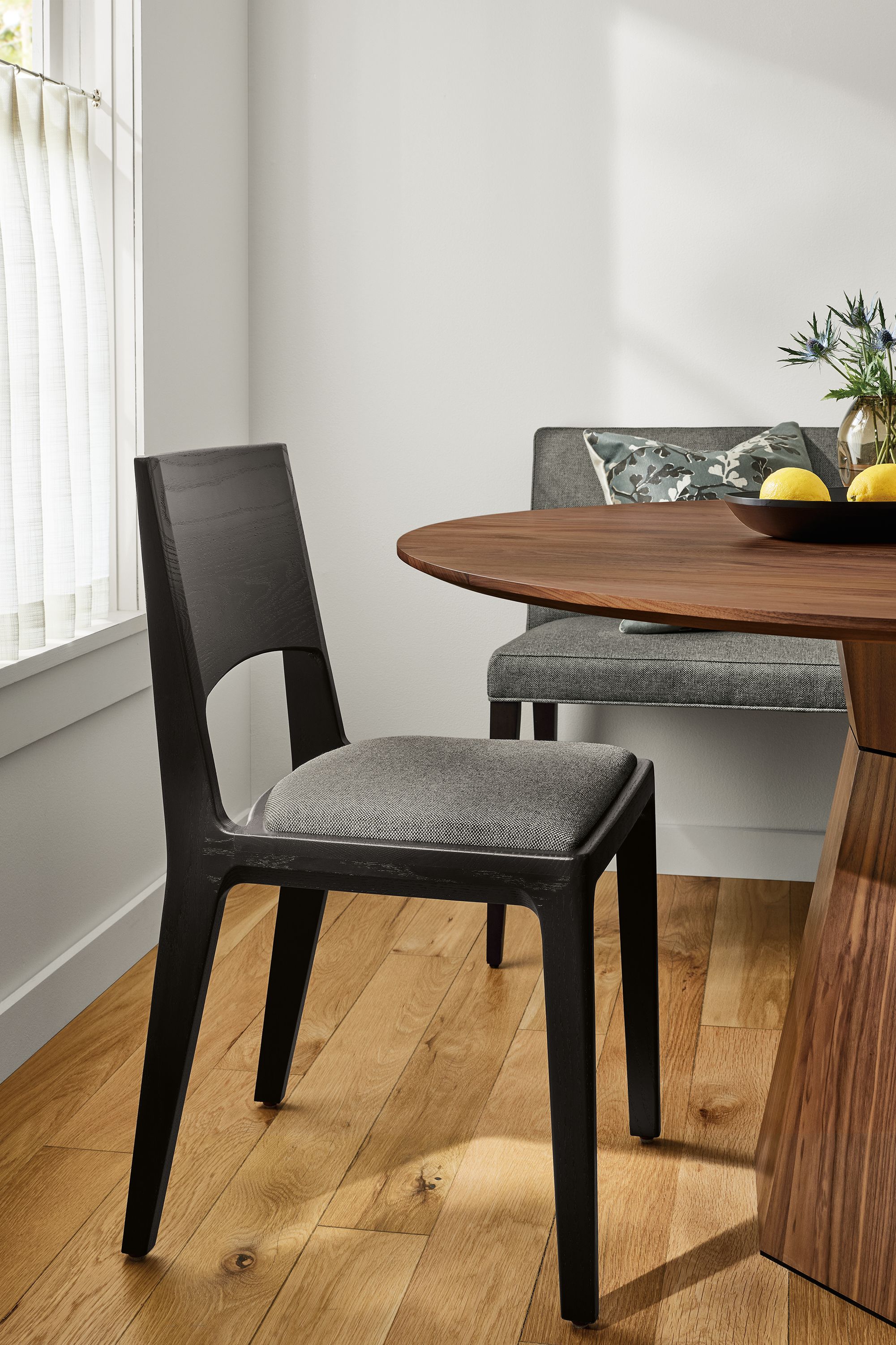Chair in Sumner graphite fabric and charcoal stain frame
