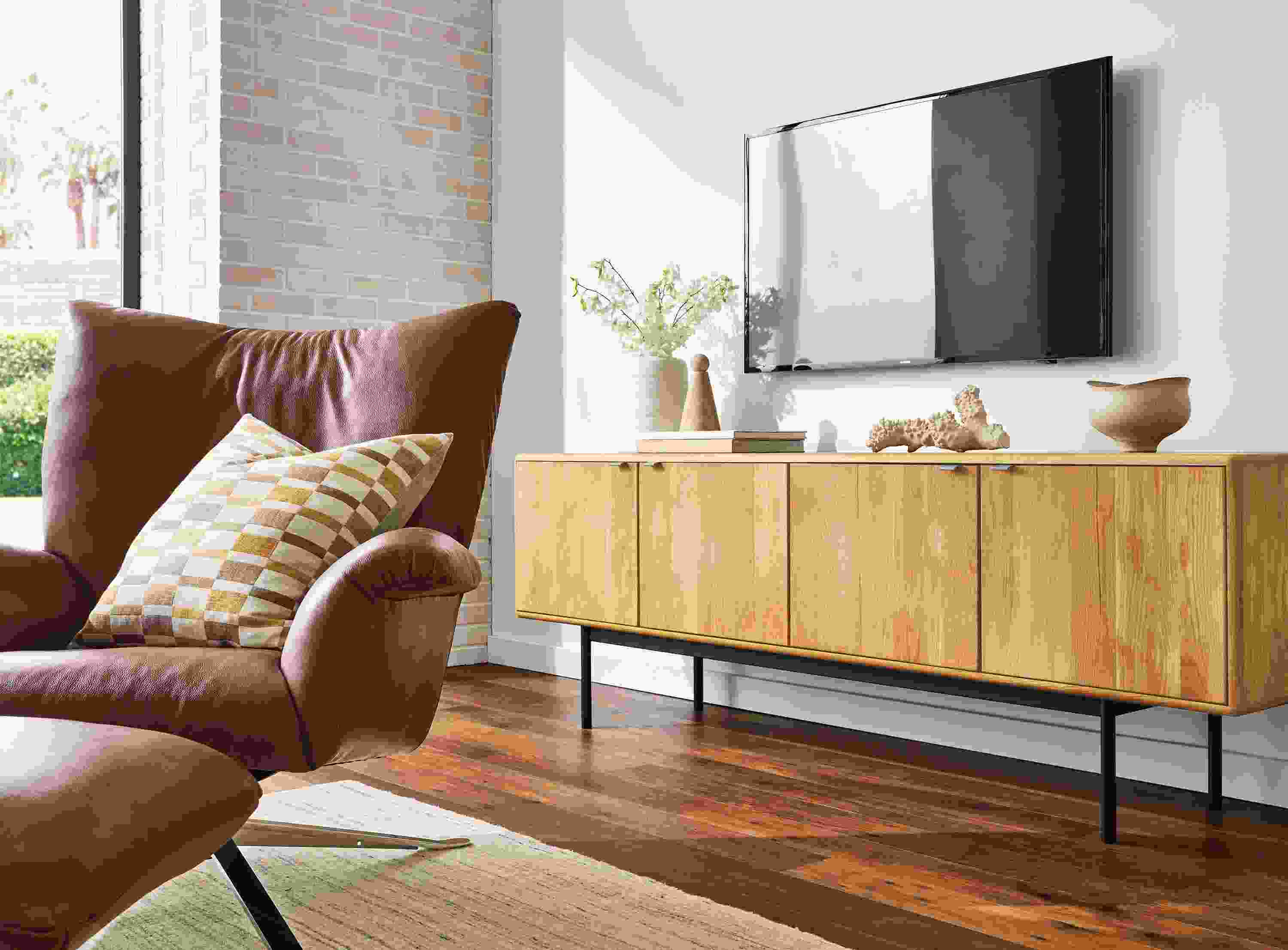 detail of 80-wide hensley media cabinet in white oak in living room
