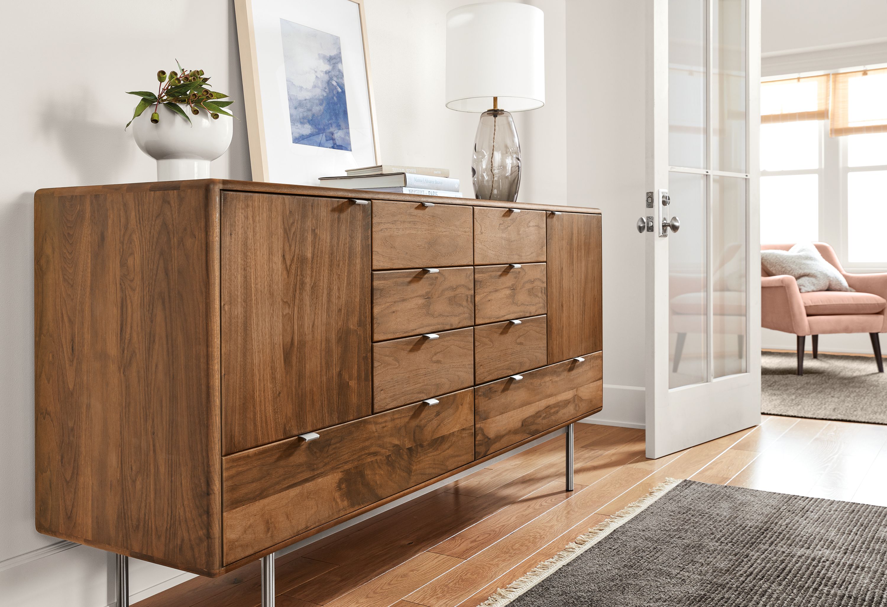 Detail of Hensley eight-drawer dresser in hallway.