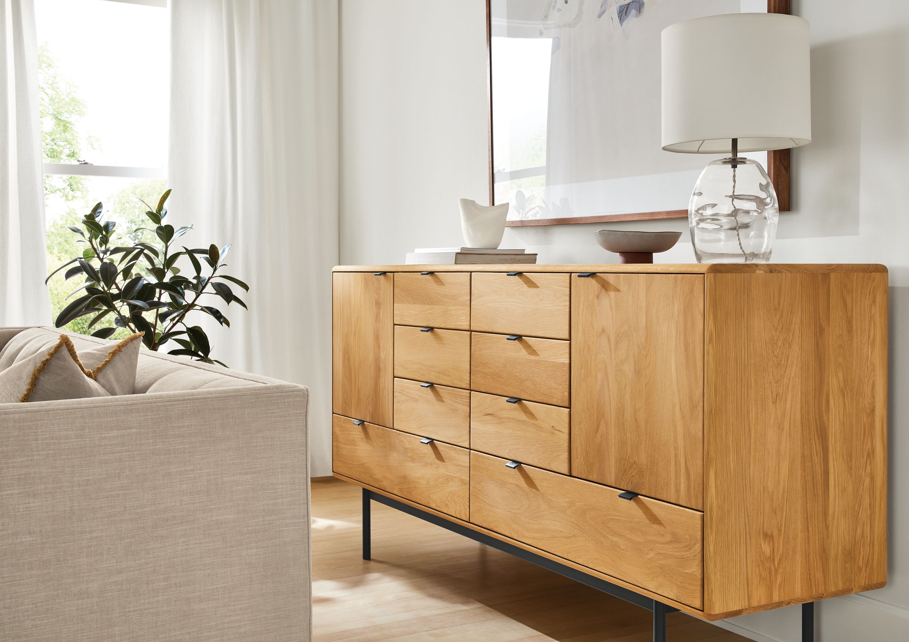 detail of hensley dresser in white oak in living room