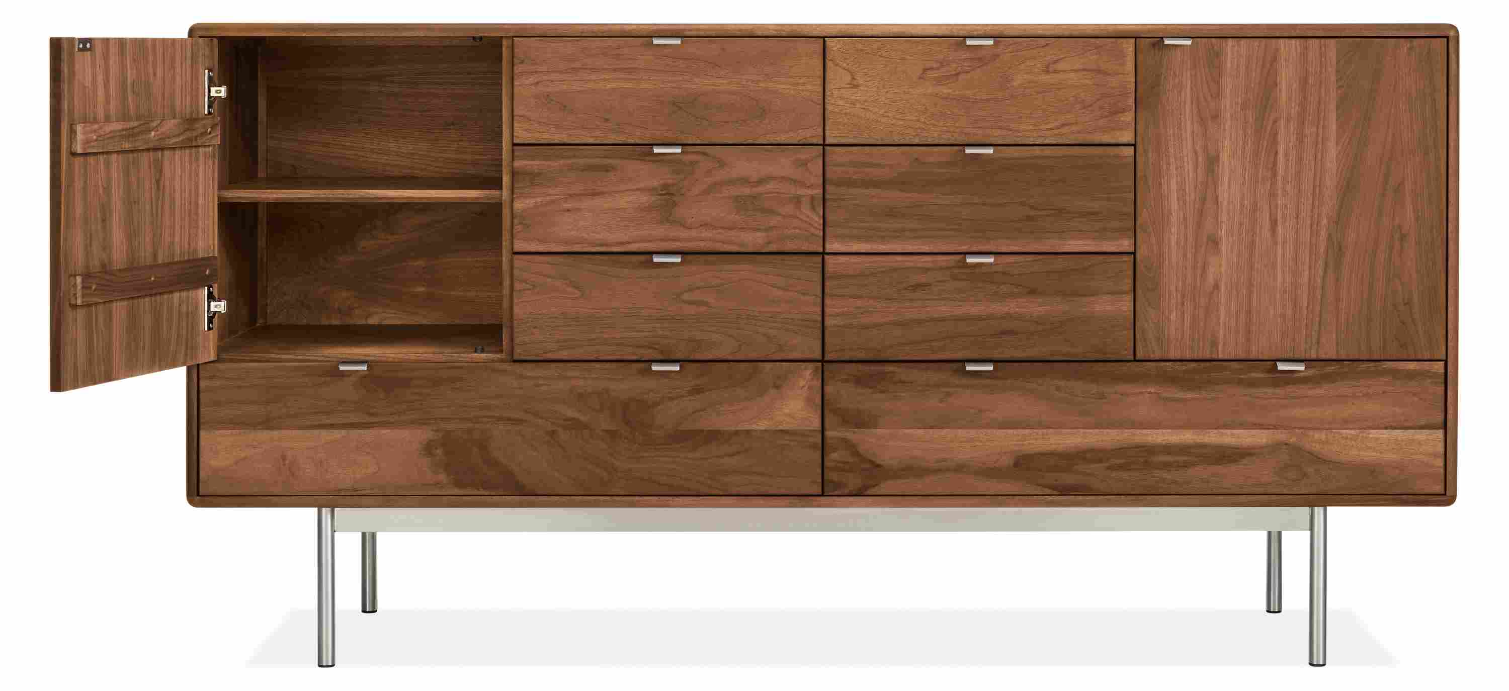 Detail of Hensley eight-drawer dresser with left door open.