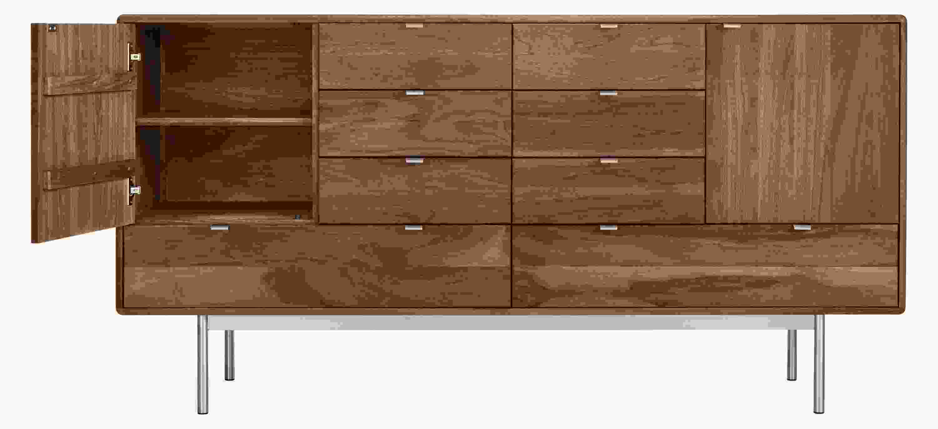 Detail of Hensley eight-drawer dresser with left door open.