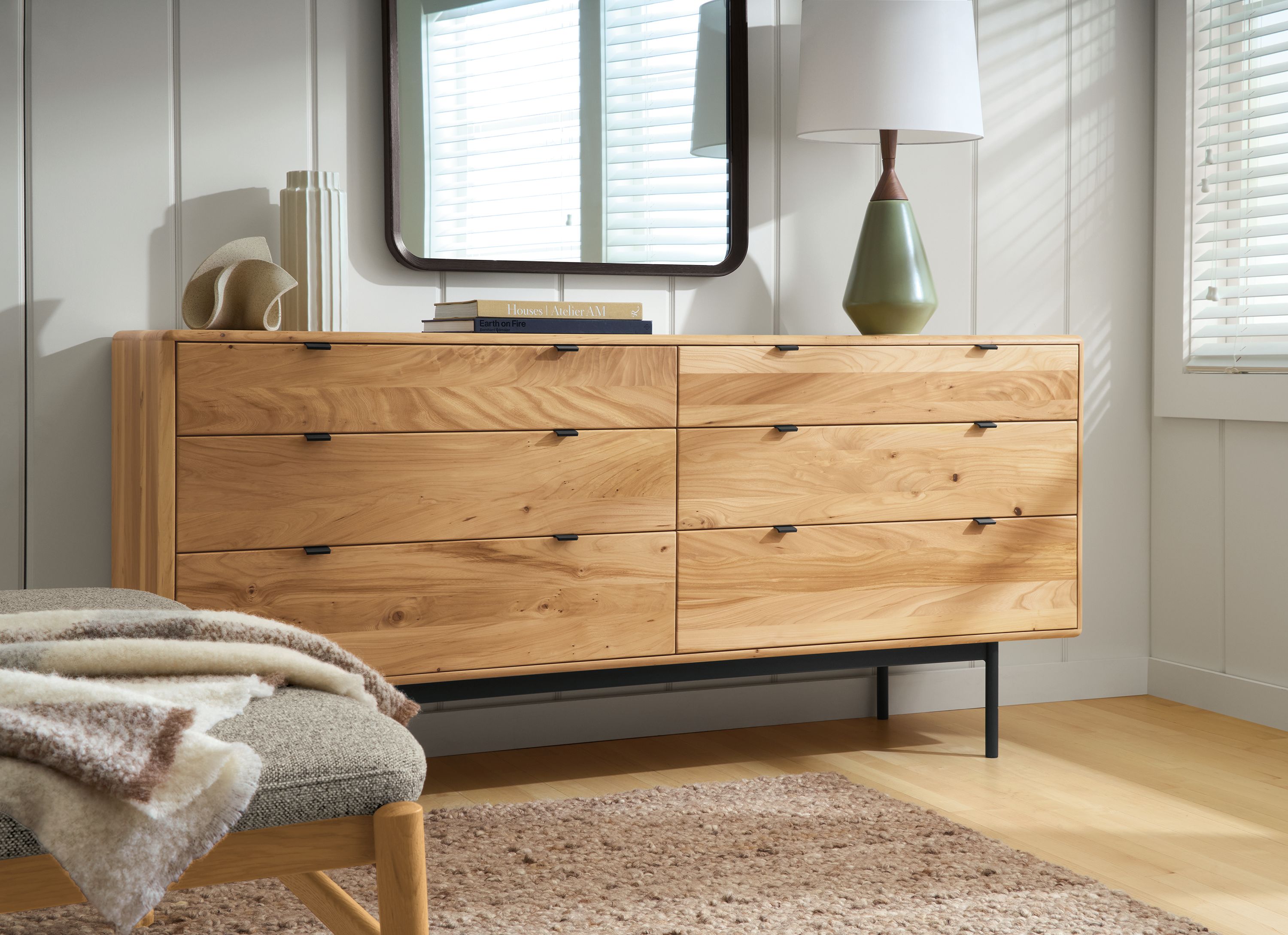 Bedroom with Hensley 72-wide, 6-drawer dresser in reclaimed elm and cobble rug in putty.