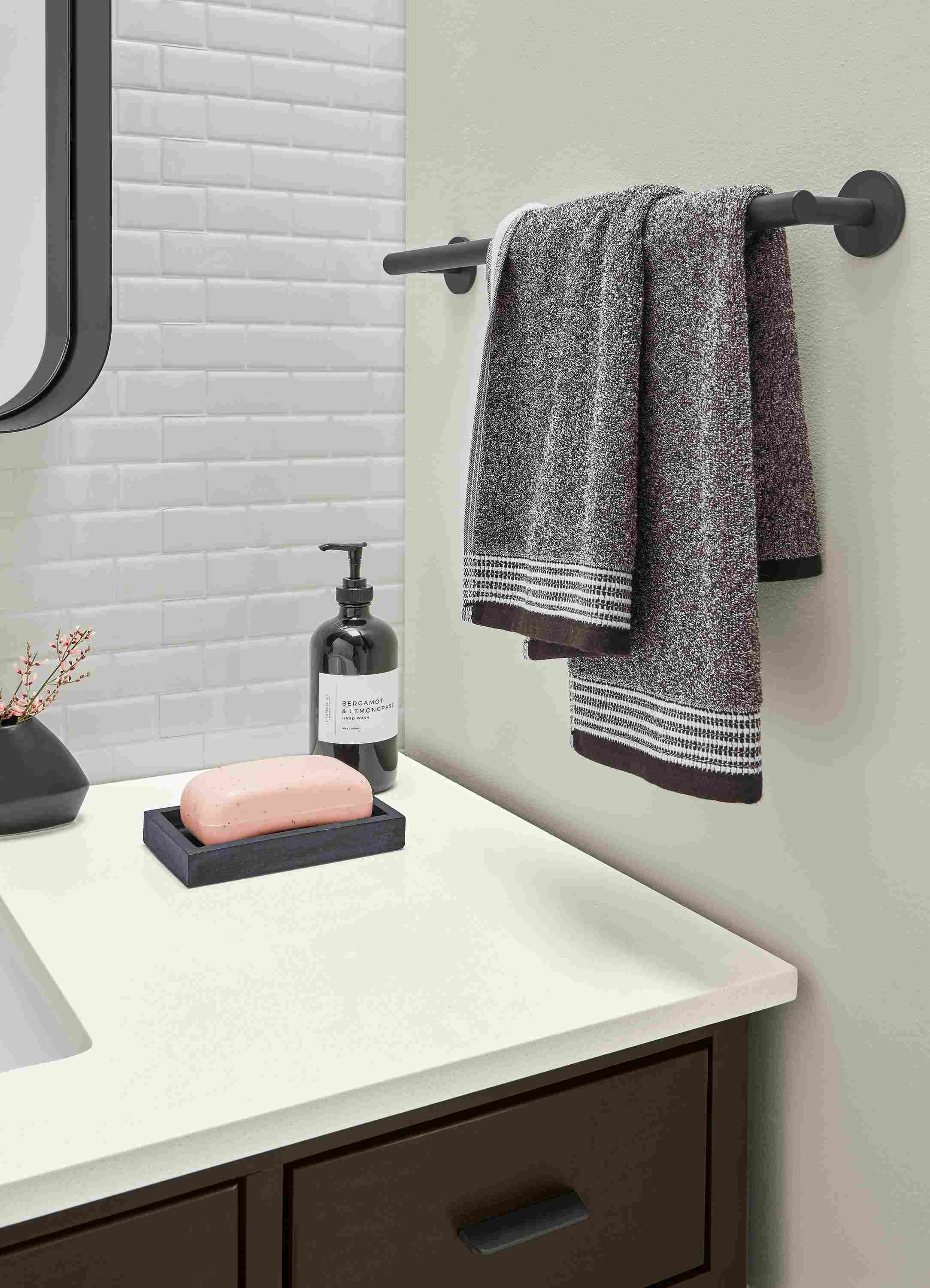 Detail of Hoff 18w towel rack in graphite.
