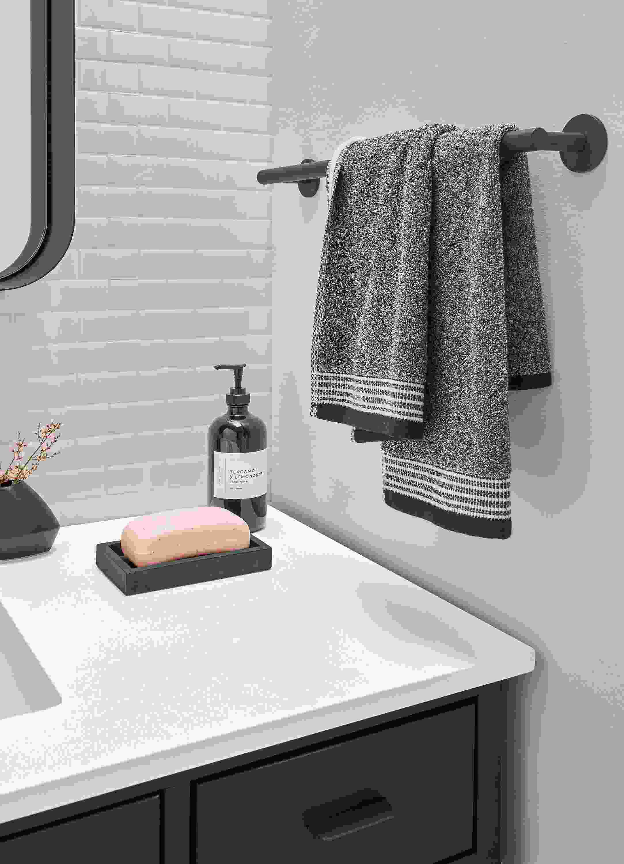 Detail of Hoff 18w towel rack in graphite.