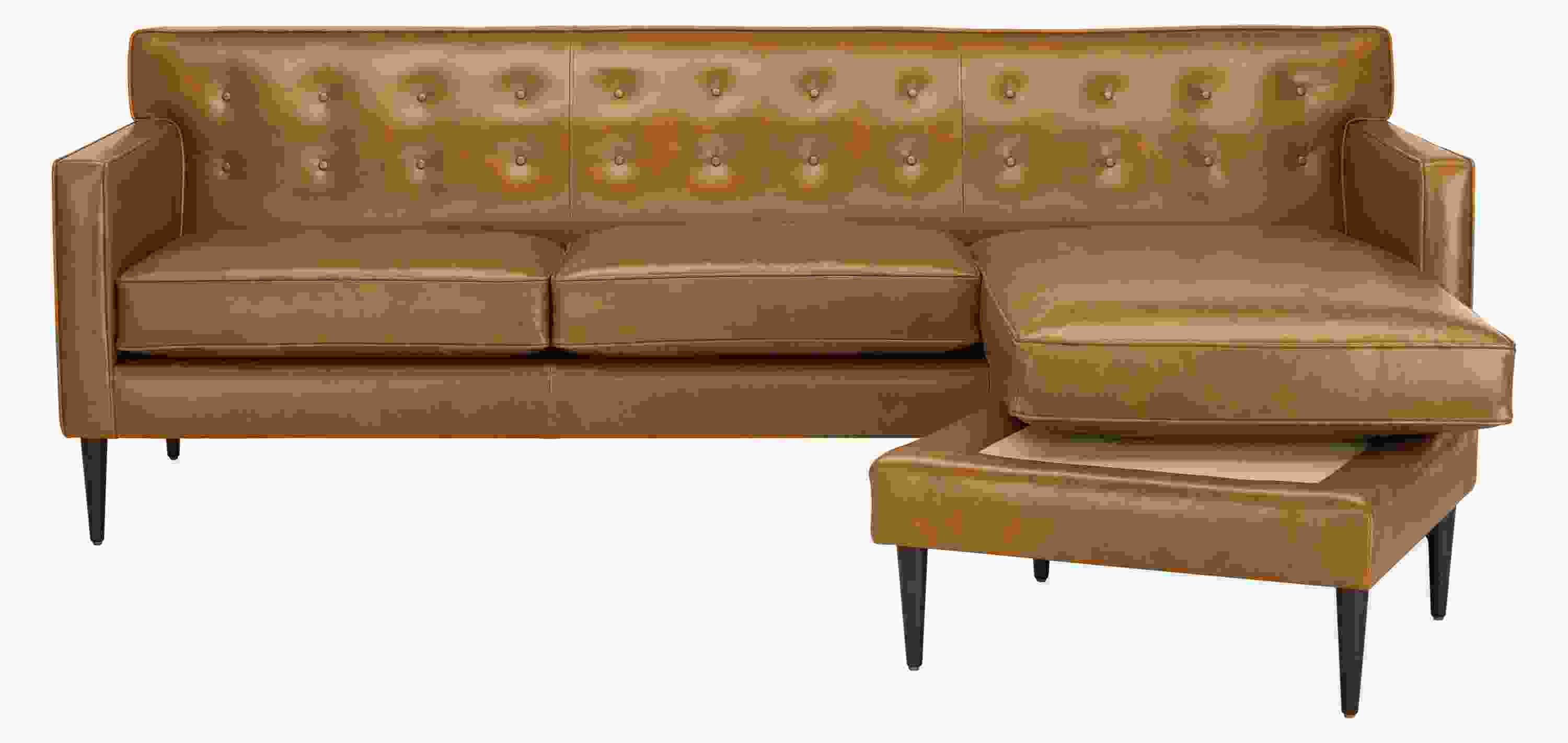Detail of Holmes sofa with chaise in leather.