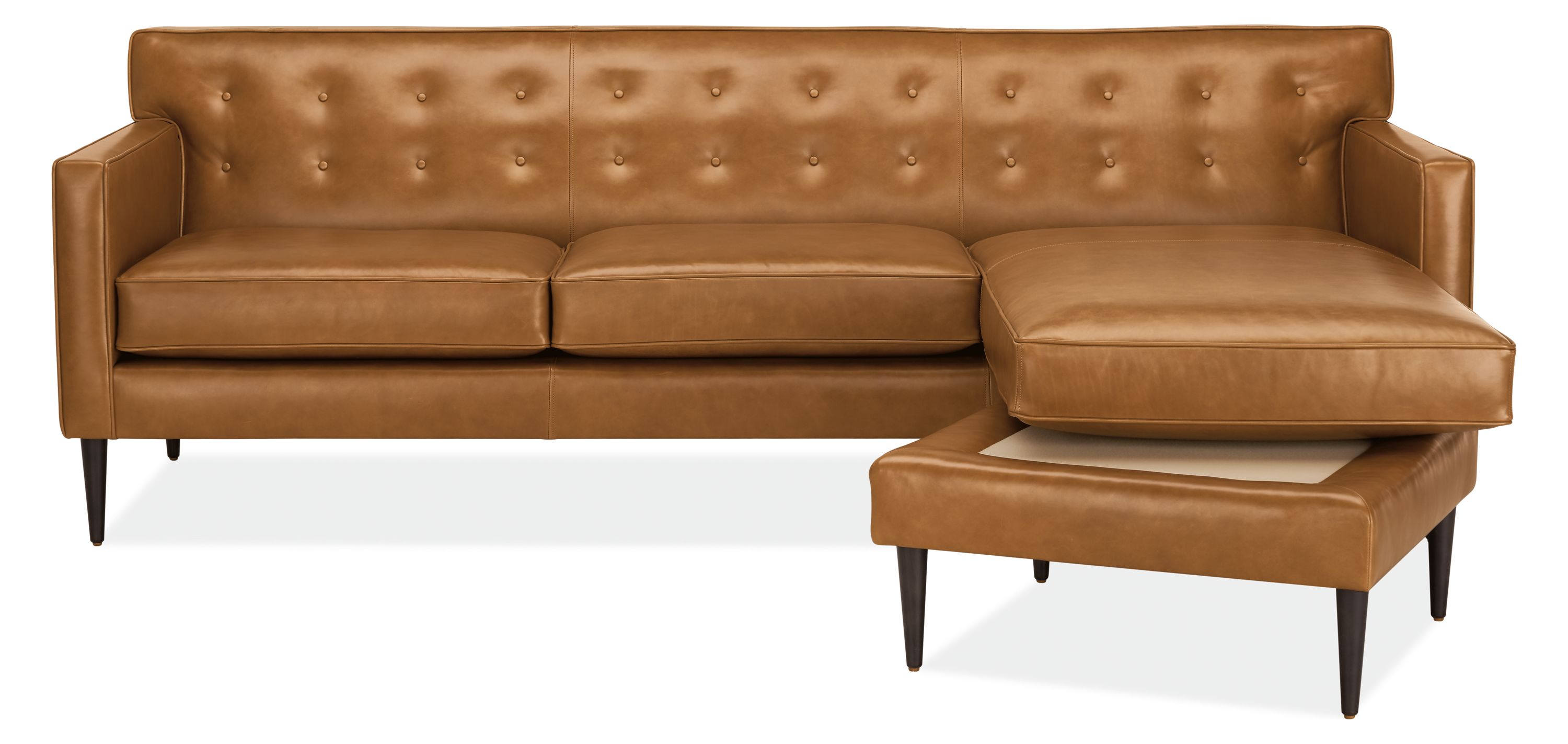 Detail of Holmes sofa with chaise in leather.