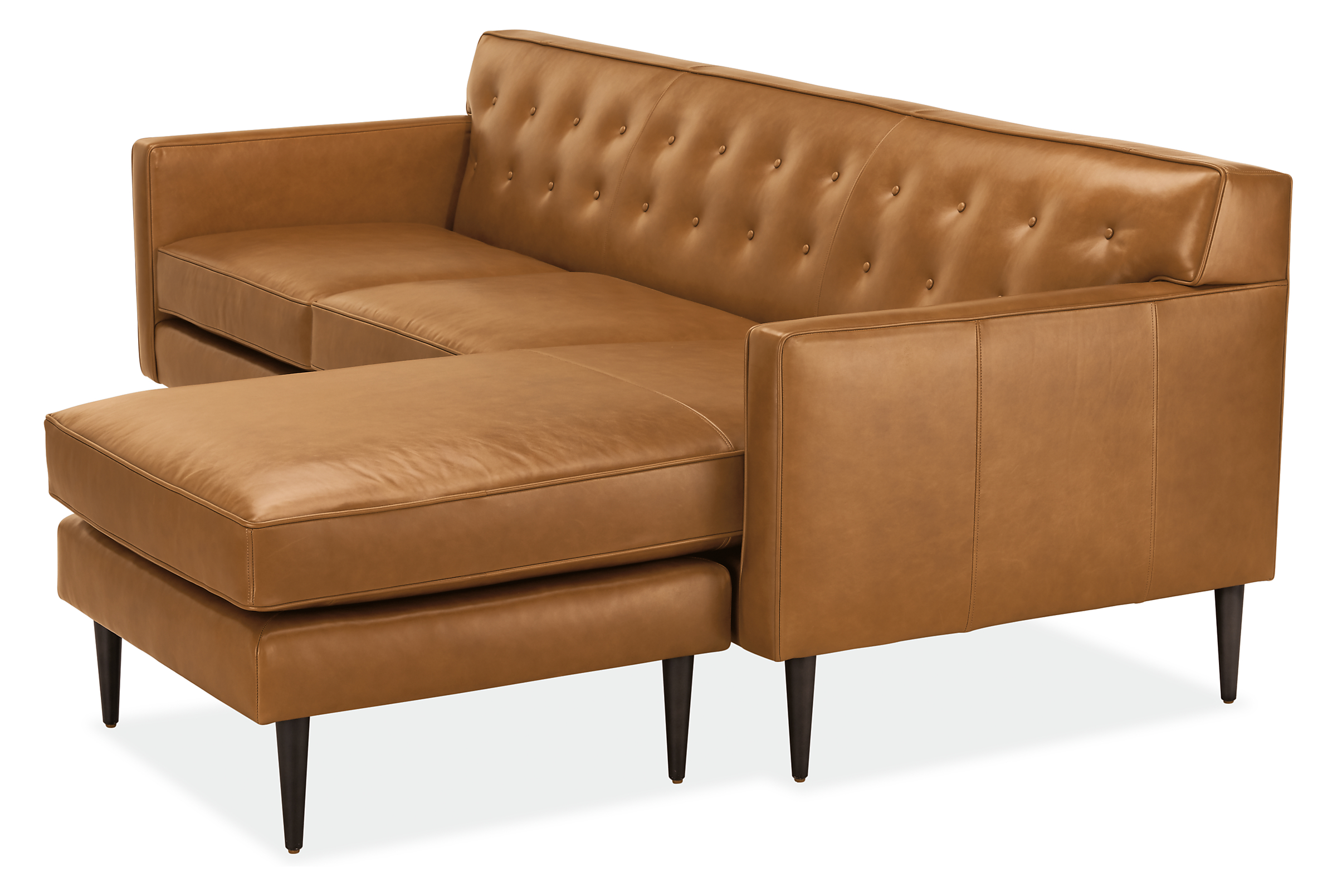 Detail of Holmes sofa with chaise in portofino cognac leather.