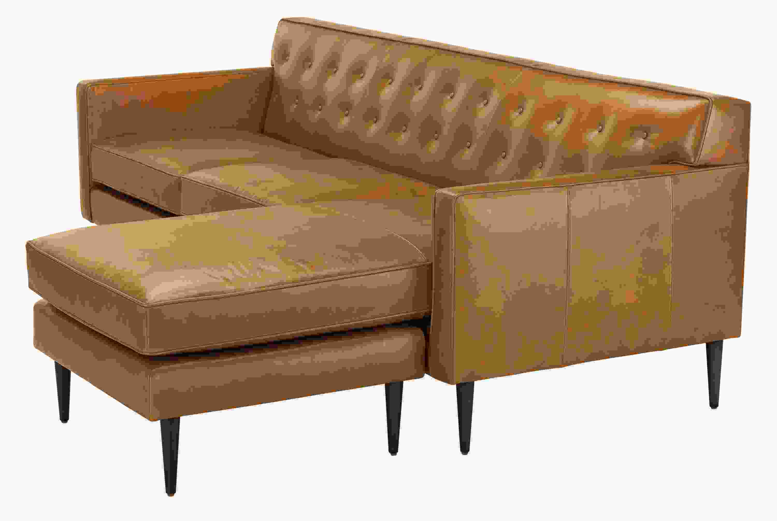 Detail of Holmes sofa with chaise in portofino cognac leather.