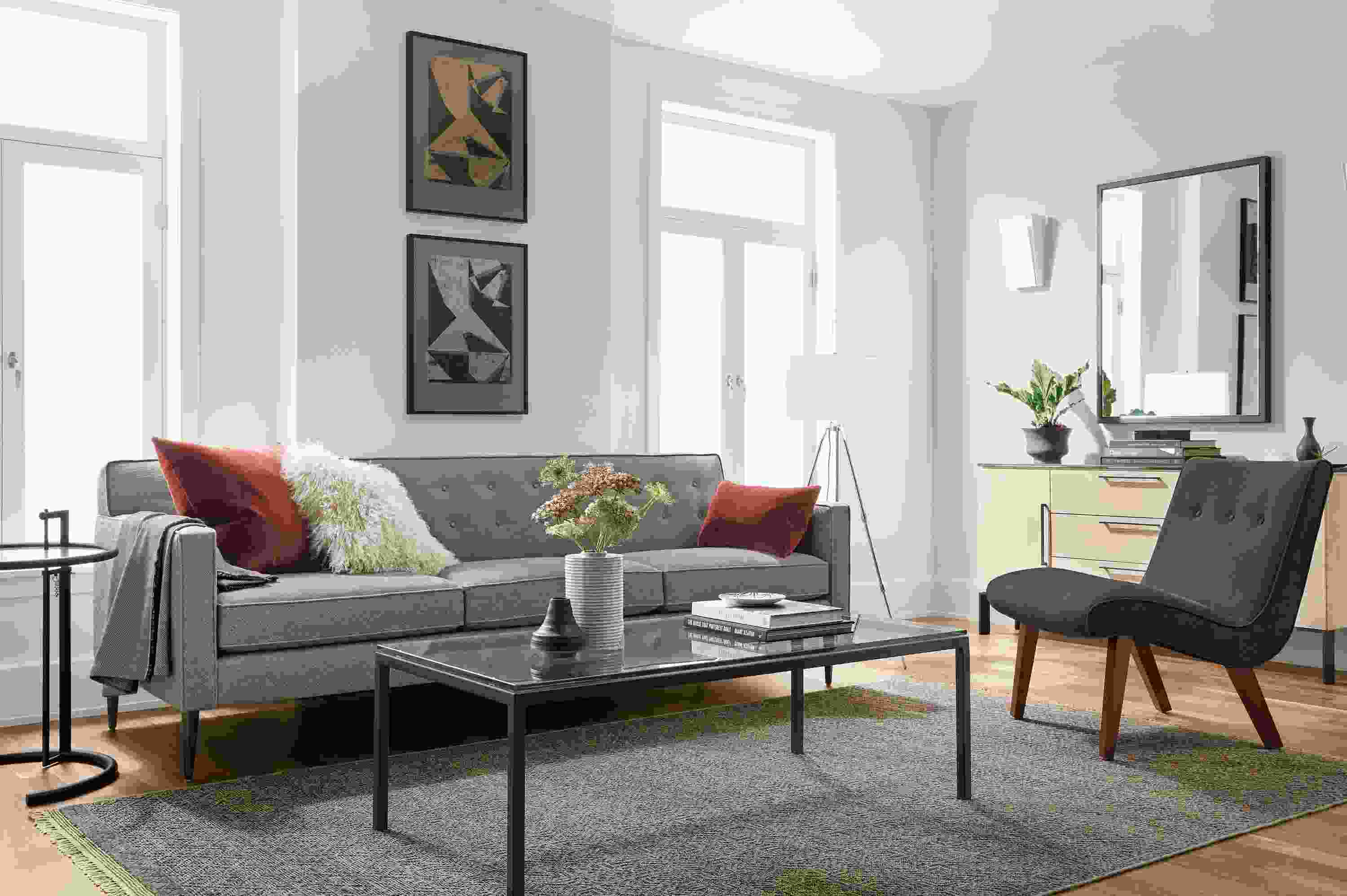 Detail of Holmes mid-century sofa in grey.