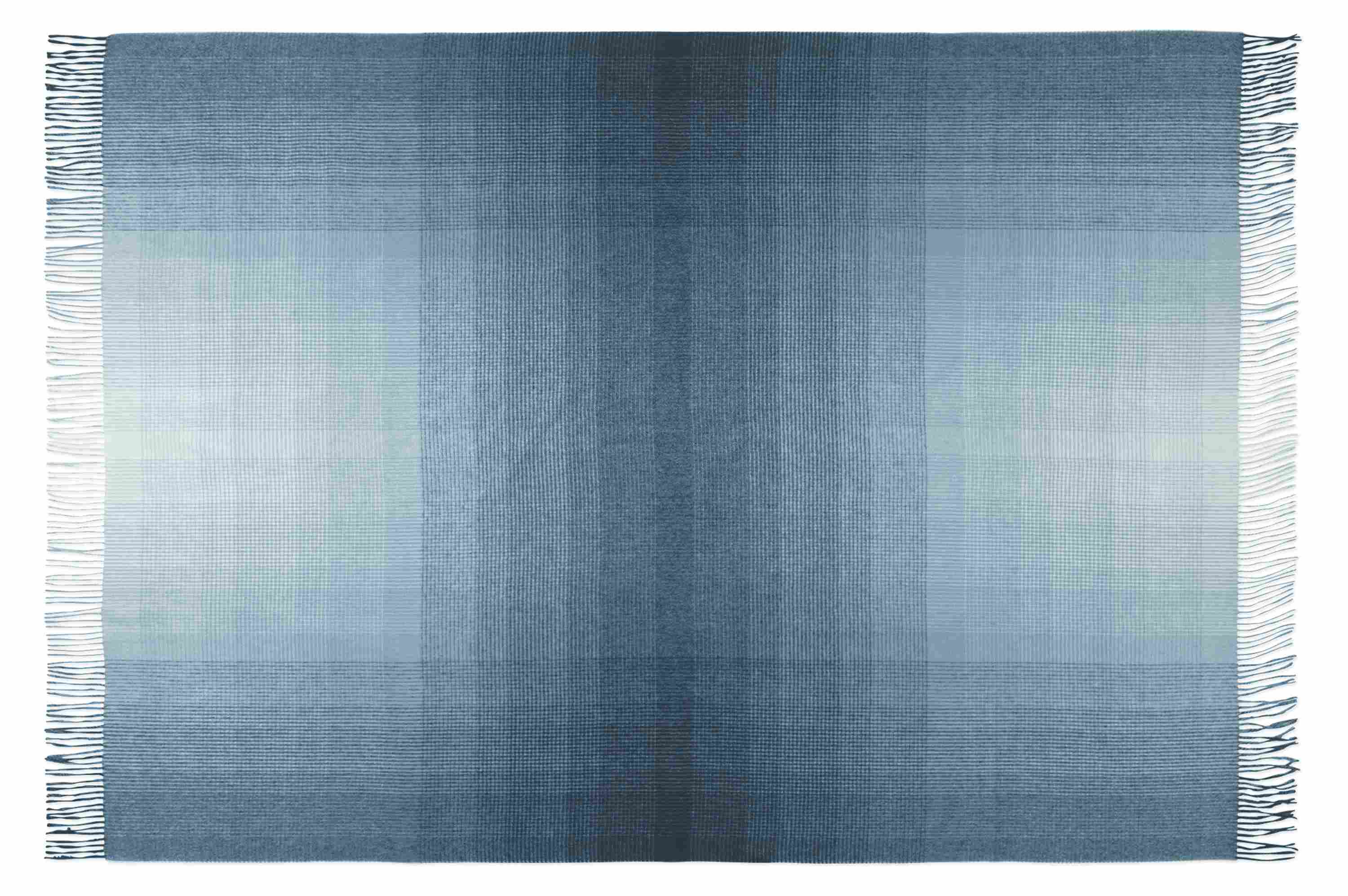 Detail of open Horizon micro plaid throw blanket in ocean.