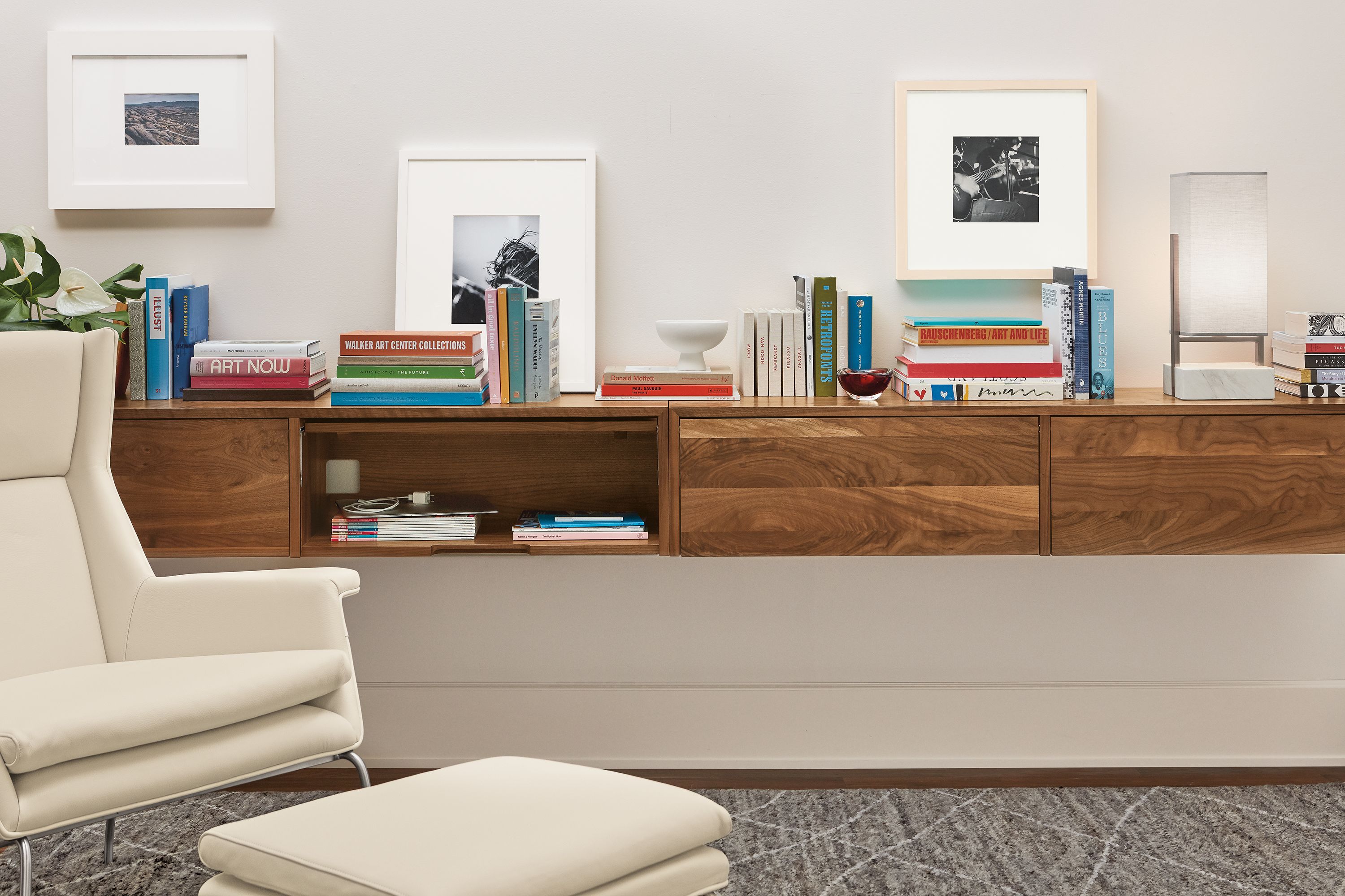 Detail of walnut Hover floating cabinets.