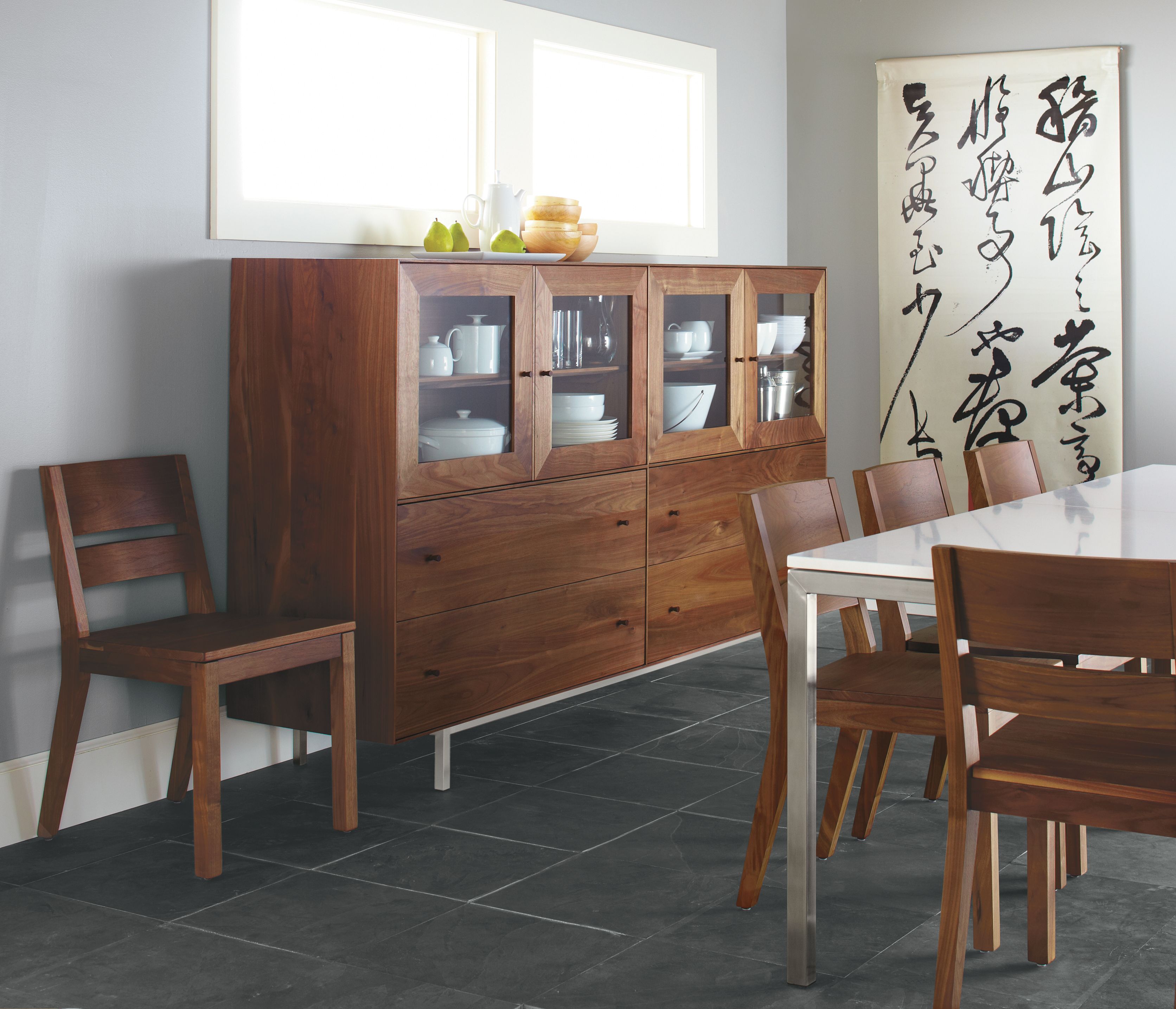 Dining room with Hudson Modular custom cabinet in walnut.