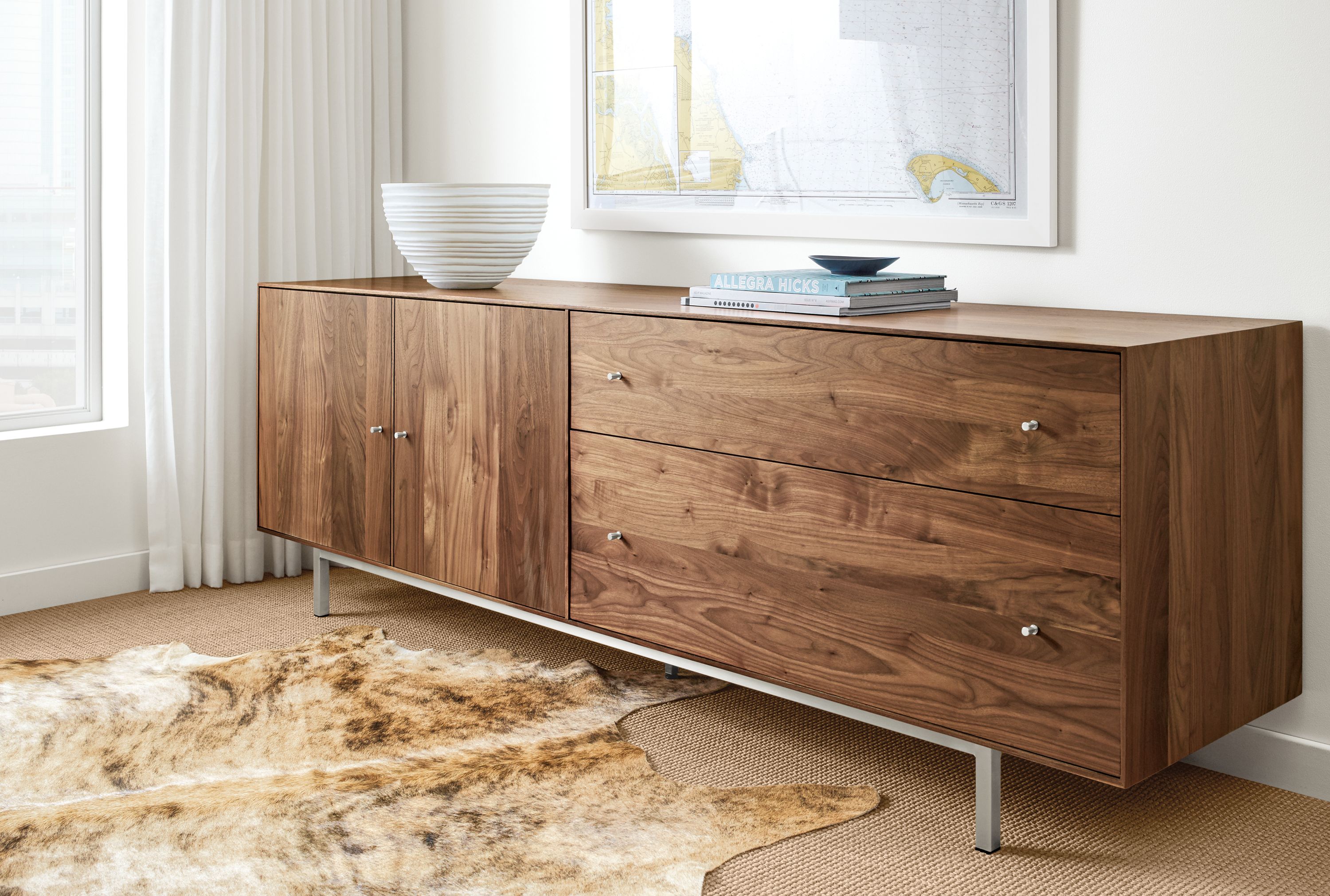 86w file cabinet in walnut with stainless steel base