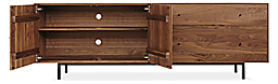 Open door view of Hudson 86-wide 2-door 2-drawer file cabinet in Walnut.