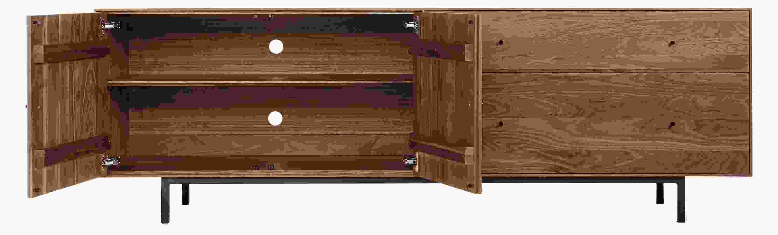 Open door view of Hudson 86-wide 2-door 2-drawer file cabinet in Walnut.