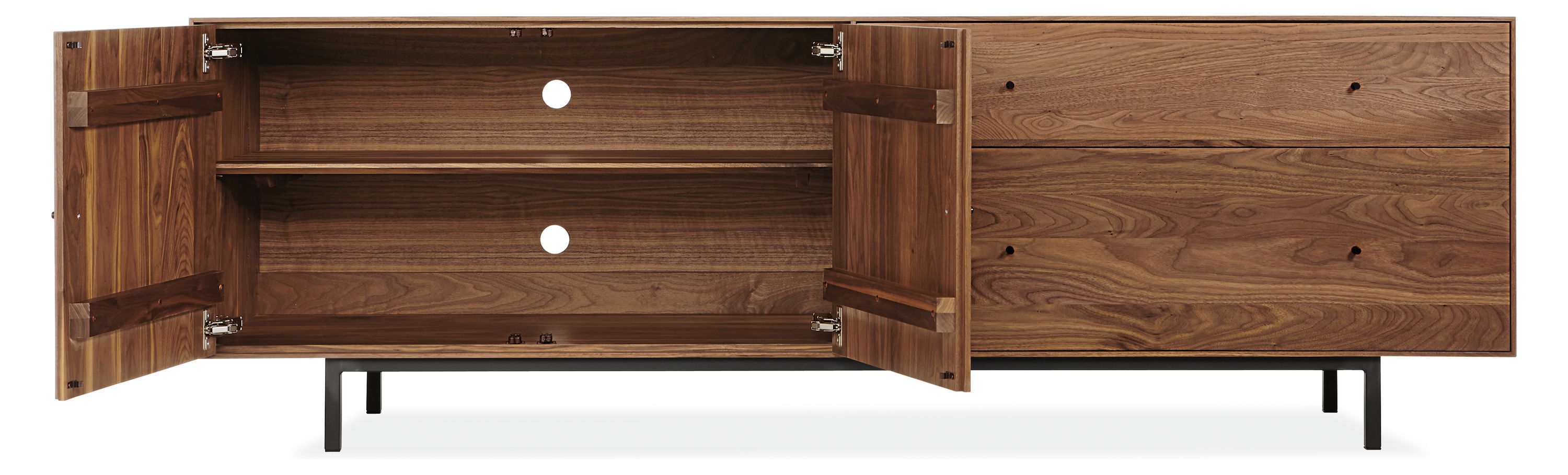 Open door view of Hudson 86-wide 2-door 2-drawer file cabinet in Walnut.