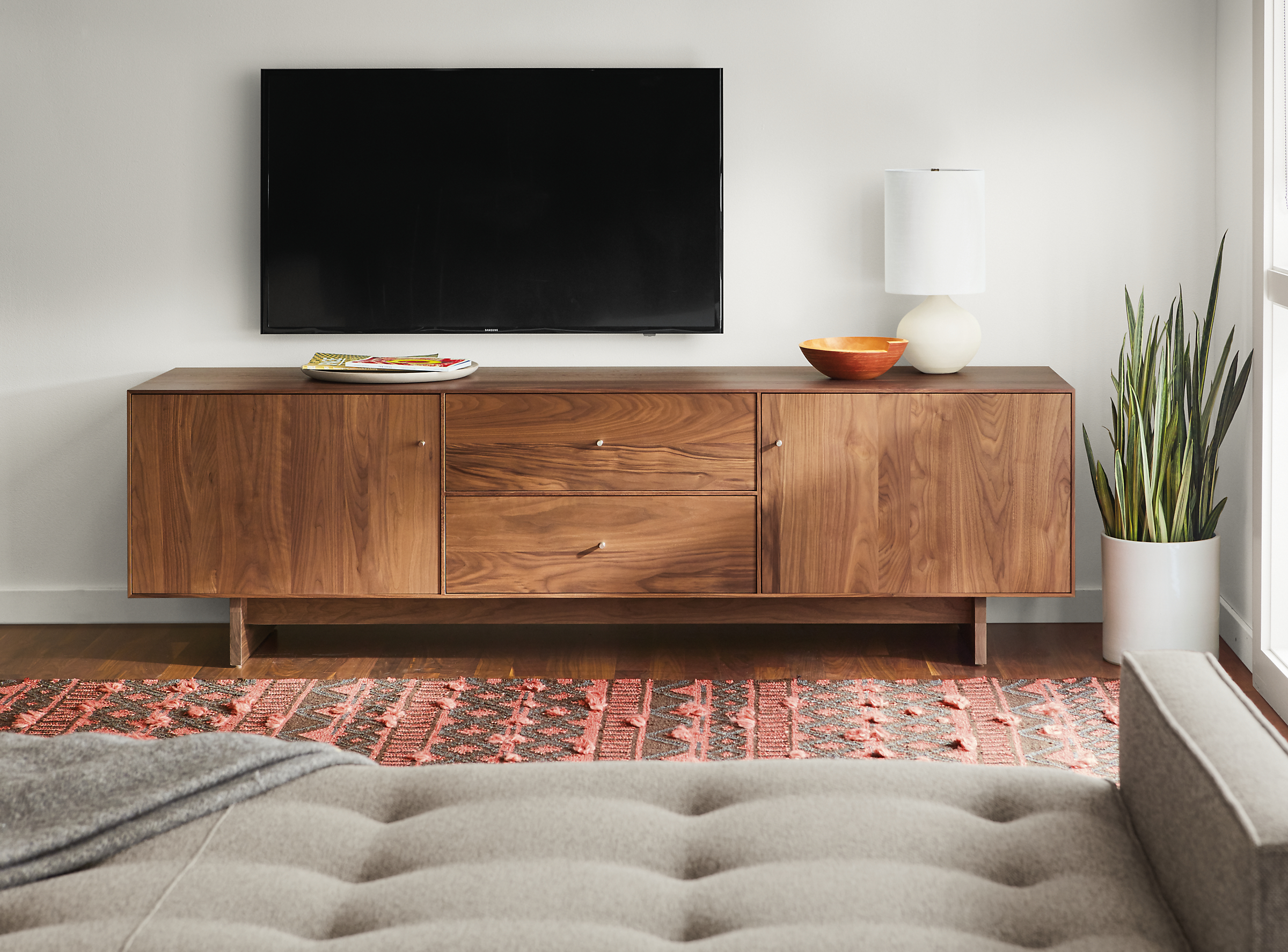 Front view of Hudson media cabinet in walnut.
