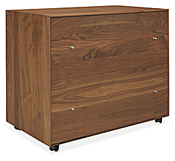 Angled view of Hudson 36-wide Rolling Lateral File Cabinet in Walnut with Stainless Steel Base.
