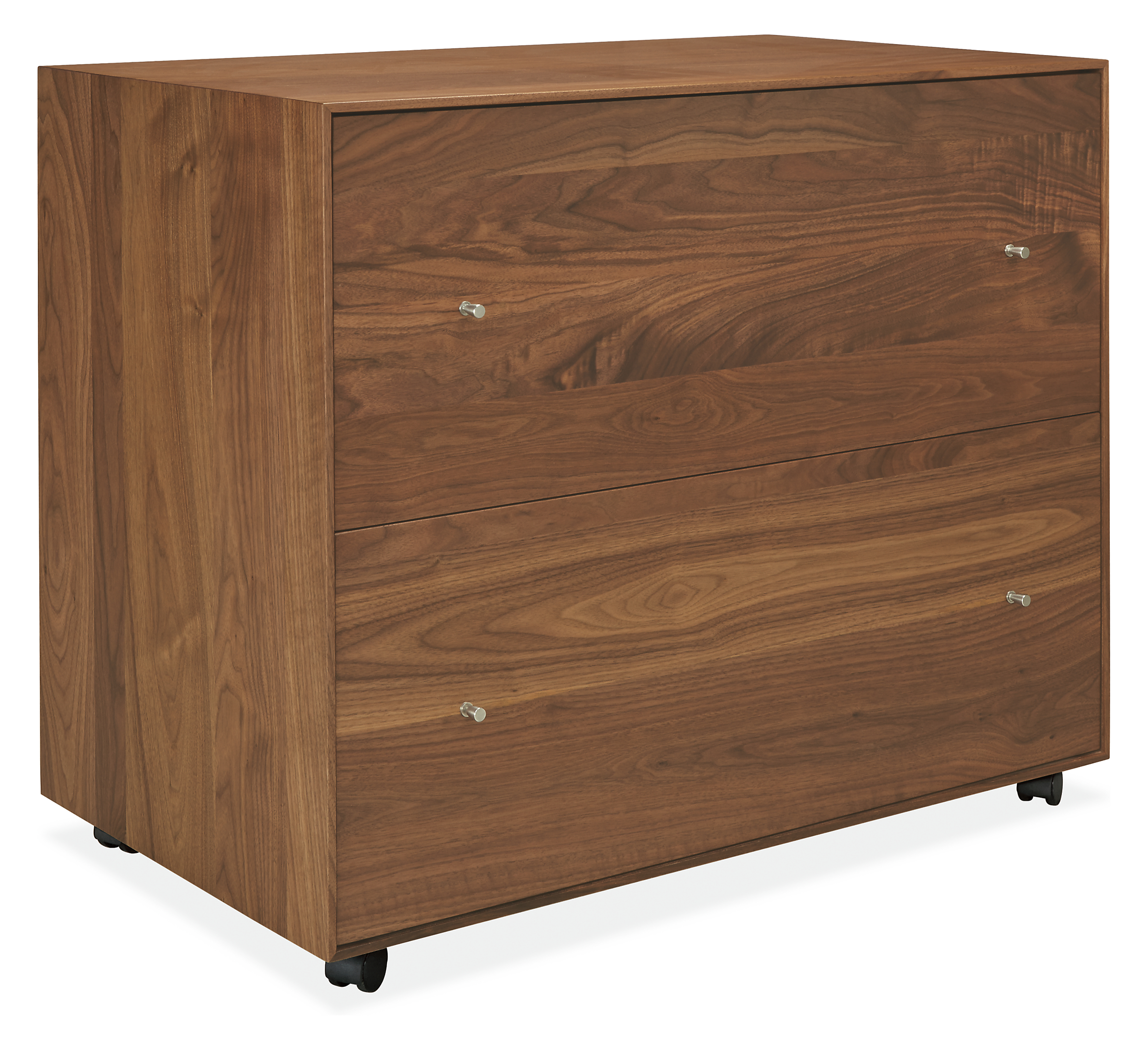 Angled view of Hudson 36-wide Rolling Lateral File Cabinet in Walnut with Stainless Steel Base.
