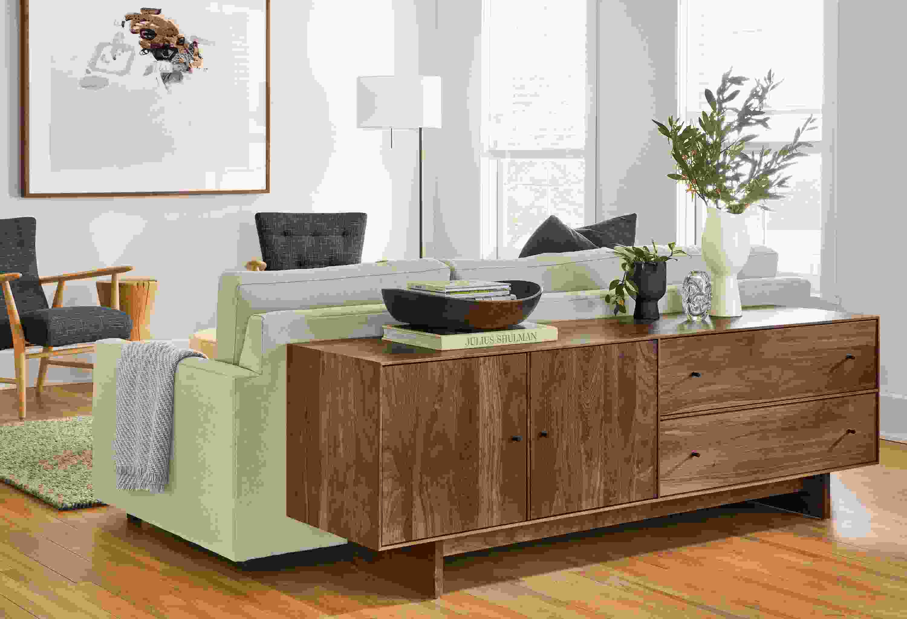 Detail of Hudson media cabinet with wood base.