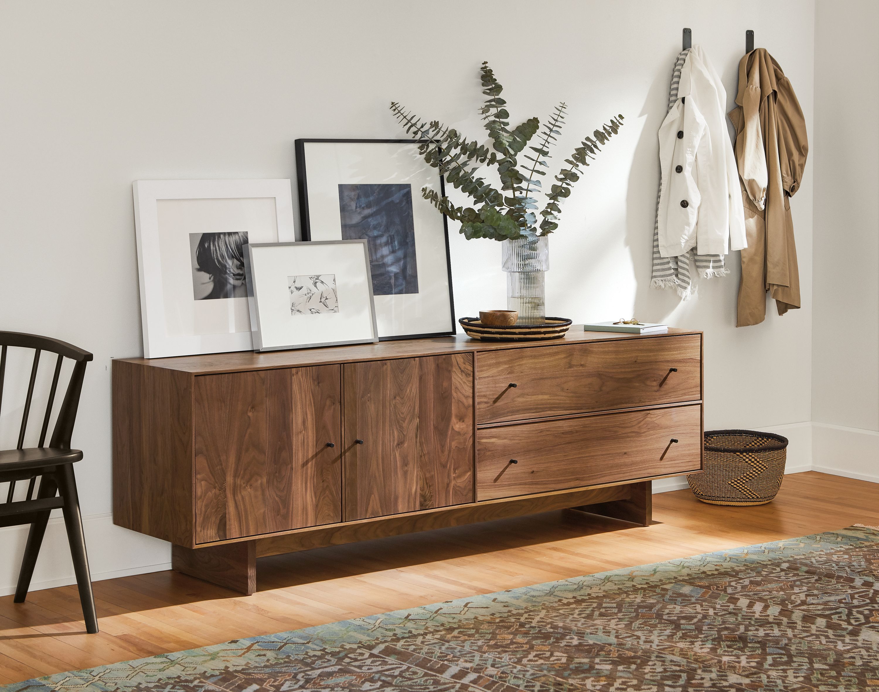 Detail of Hudson media cabinet with wood base.