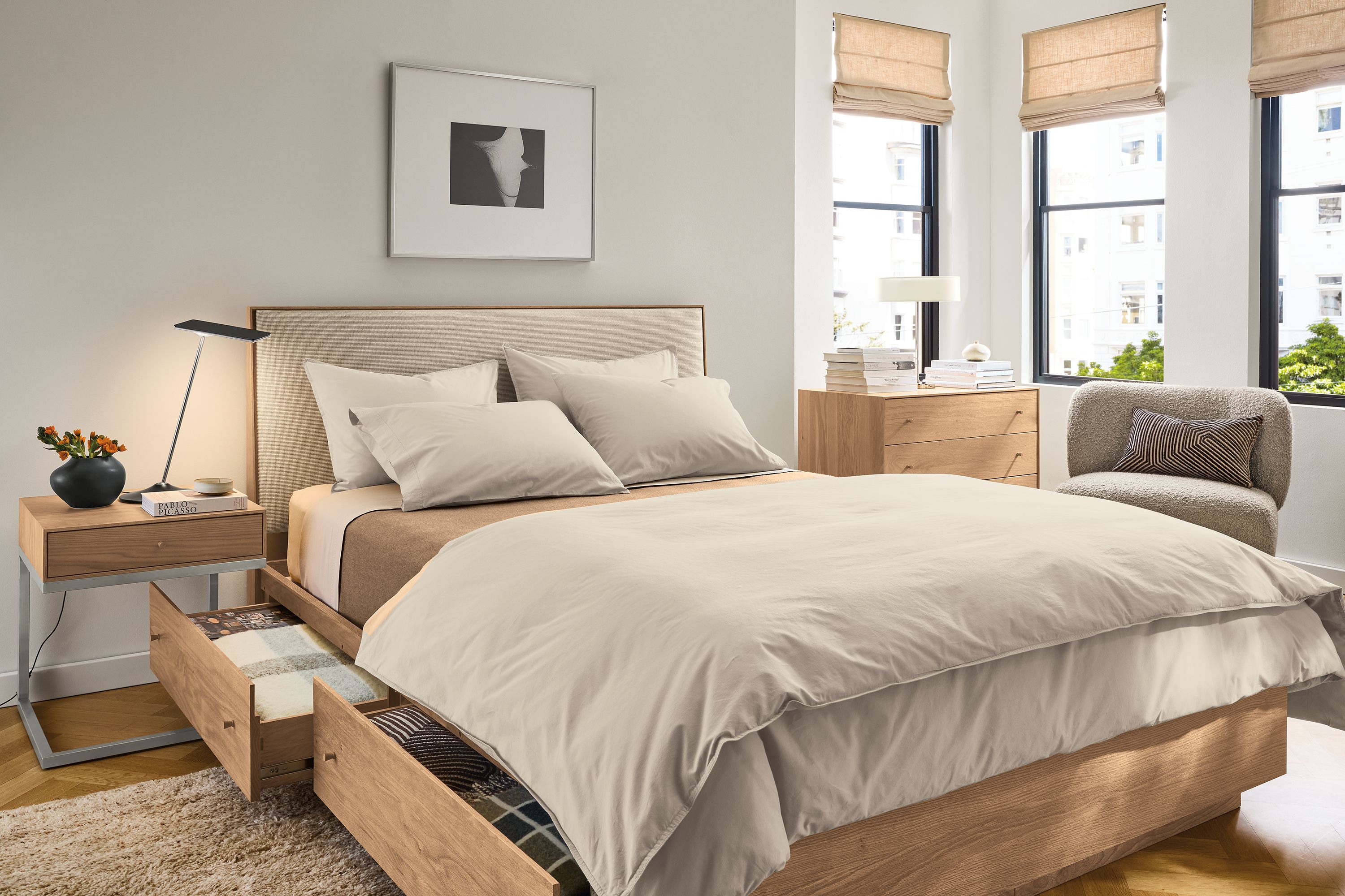 Queen storage bed in Kesler oatmeal fabric and rye stain
