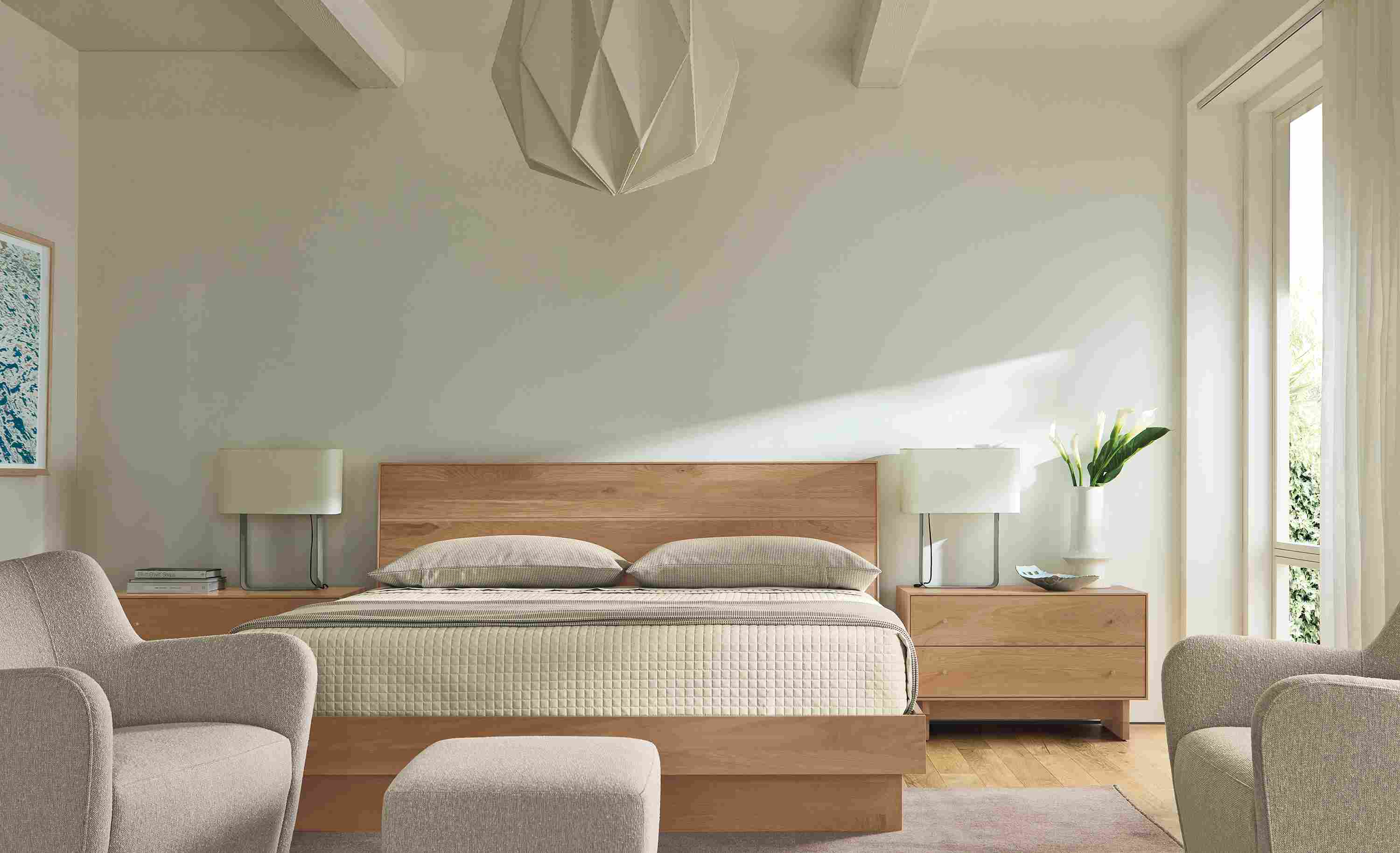 Bedroom with hudson king bed and hudson nighstand with wood base all in Rye and passage rug in earth.