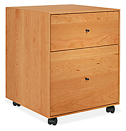 Angled view of Hudson 19-wide Rolling File Cabinet in Cherry with Natural Steel Base.