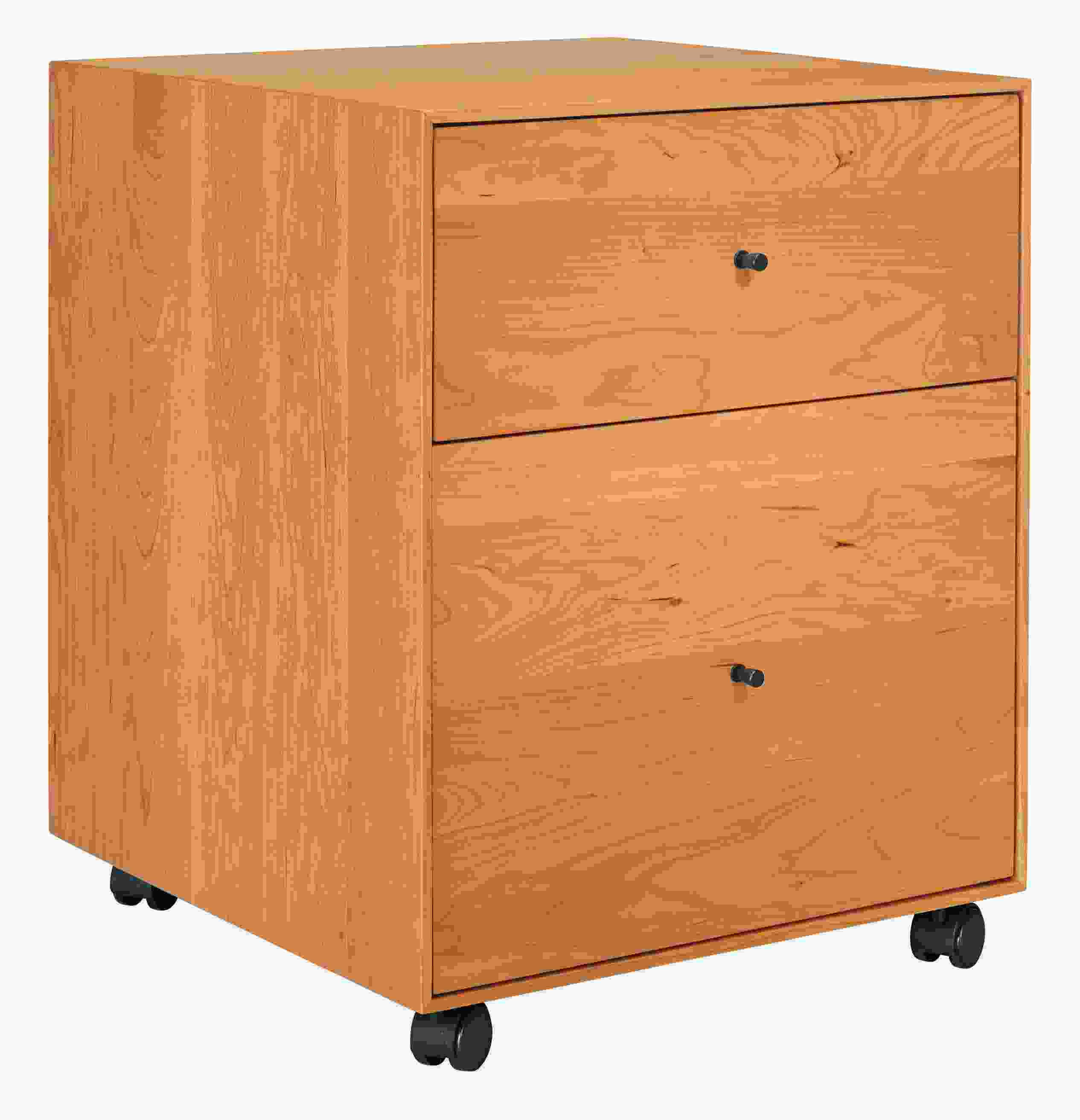 Angled view of Hudson 19-wide Rolling File Cabinet in Cherry with Natural Steel Base.
