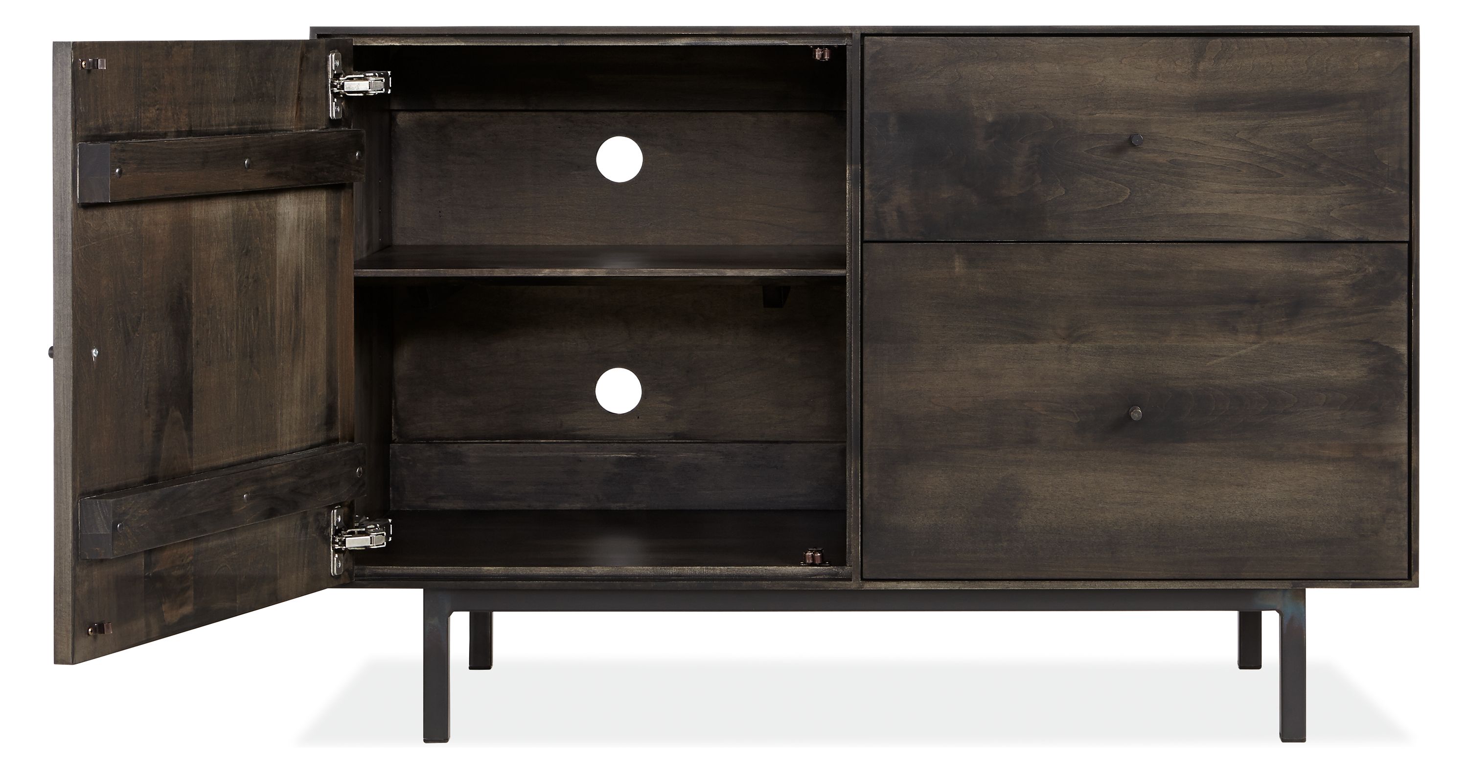 Open door view of Hudson 44-wide 1-door 2-drawer file cabinet in Charcoal.