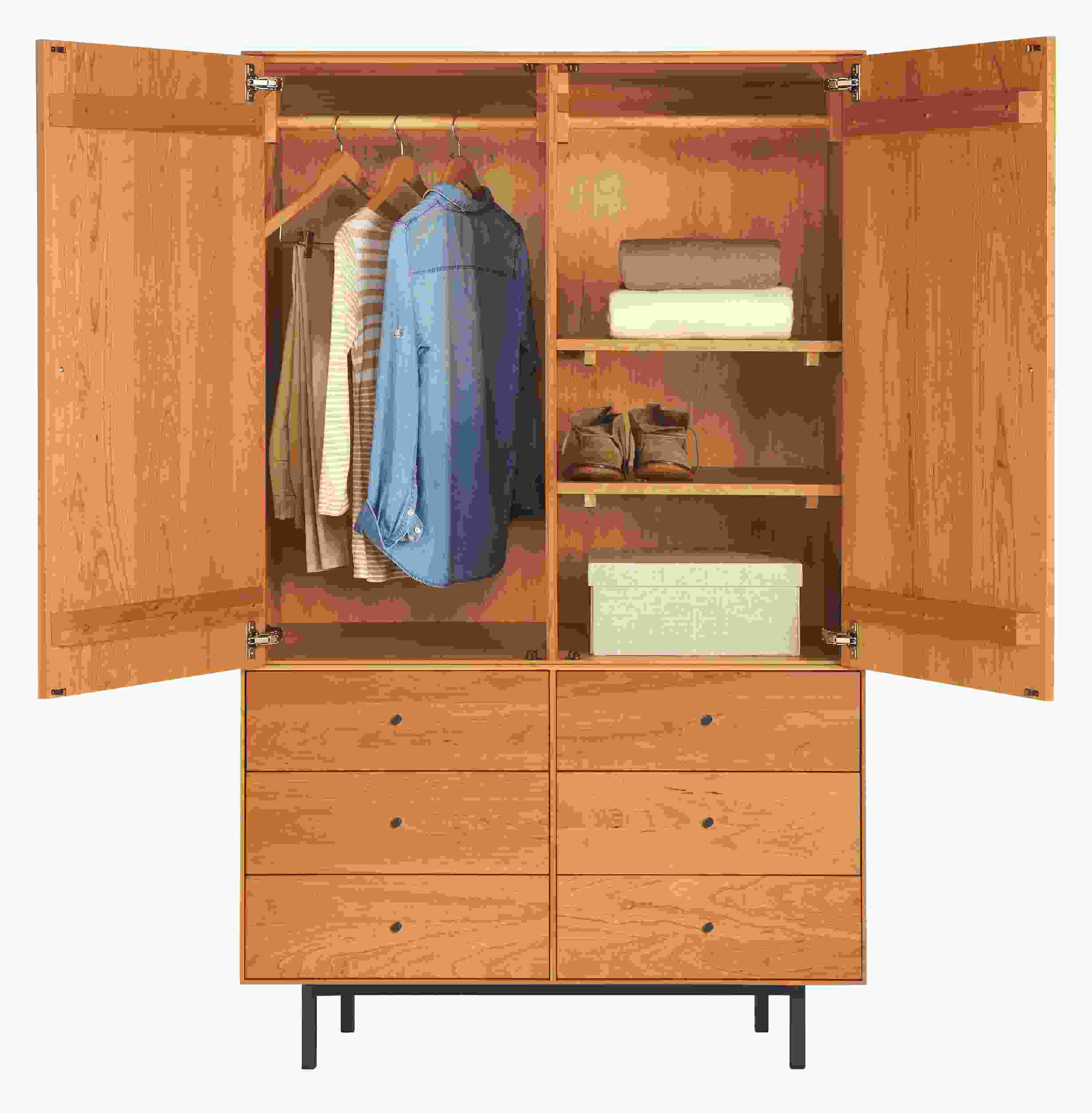 Open view of Hudson 44-wide 71-high Armoire with Steel Base in cherry and Natural steel.