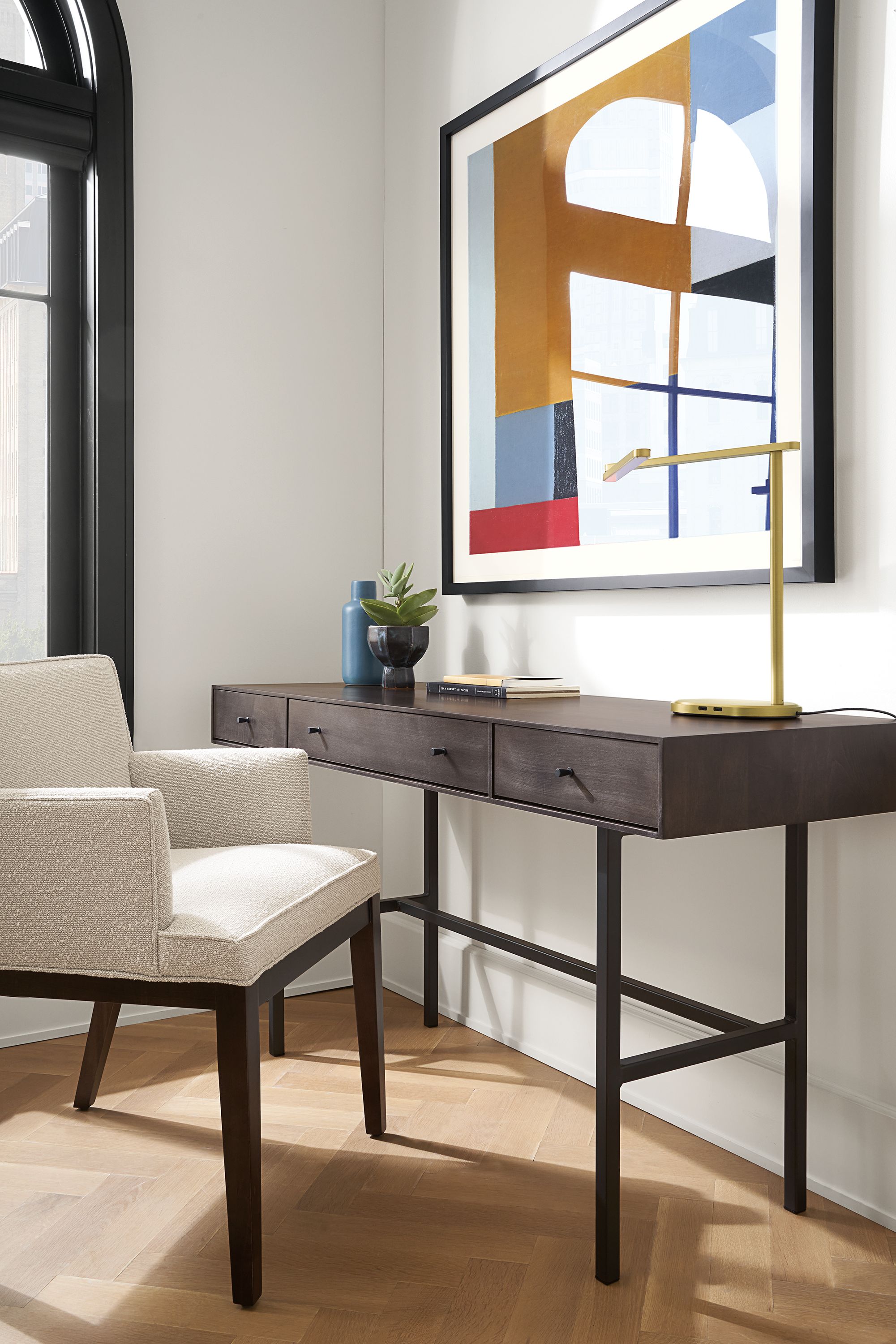 56w desk in charcoal stain/natural steel