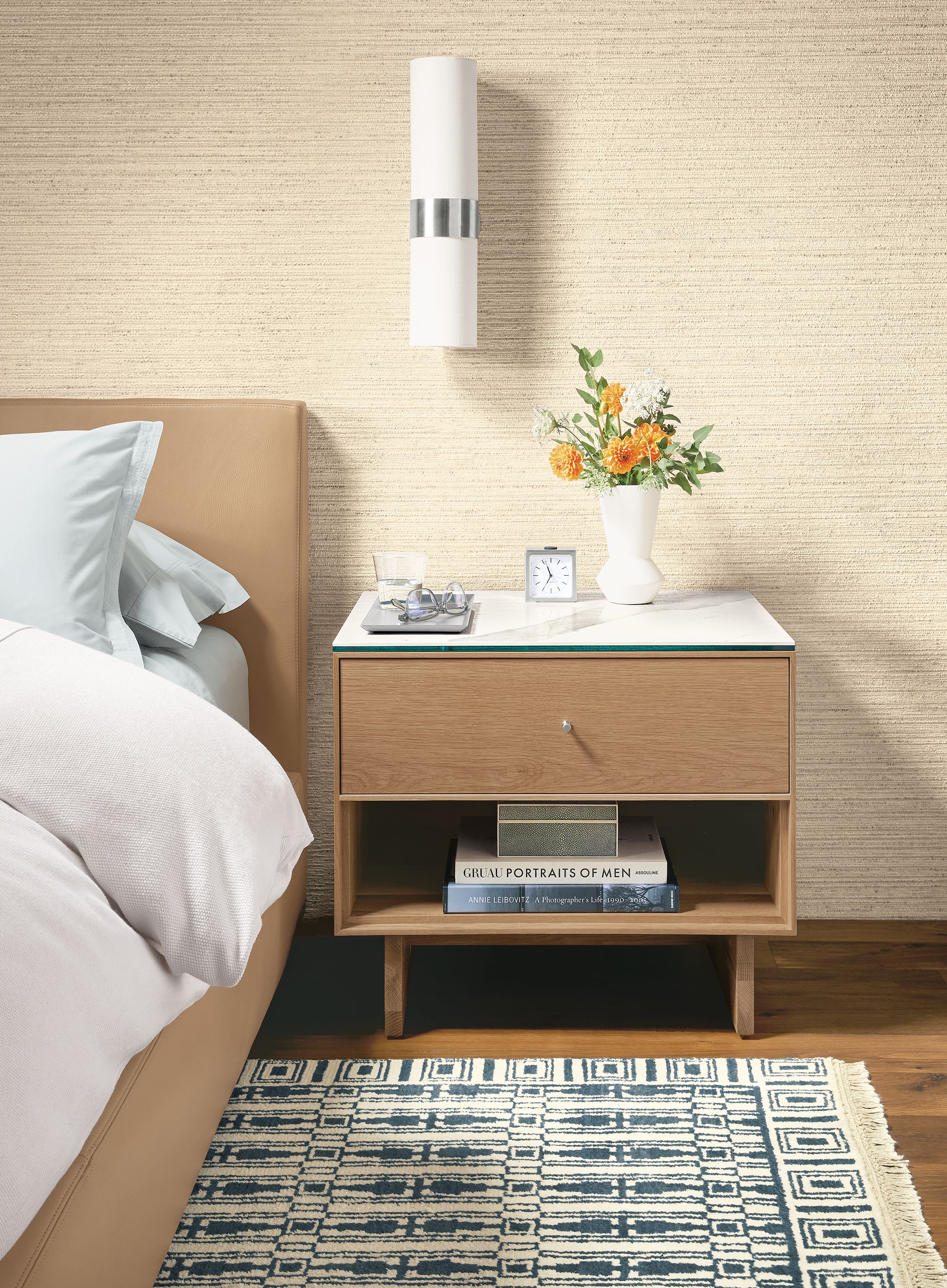 26w one-drawer nightstand in rye stain with rye stain base, marbled white ceramic top