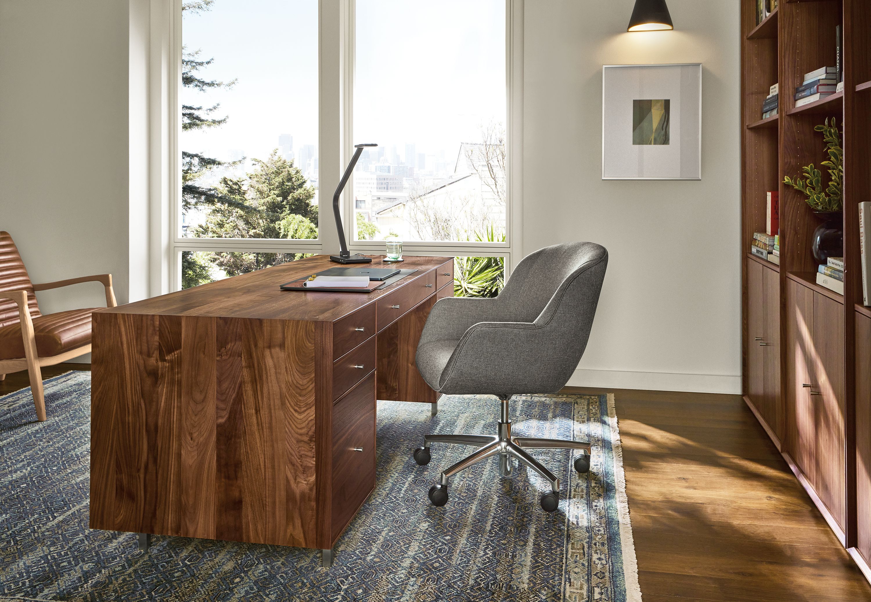 Office with Hudson 72-wide double file drawer desk in walnut and Nico office chair in Sumner graphite.