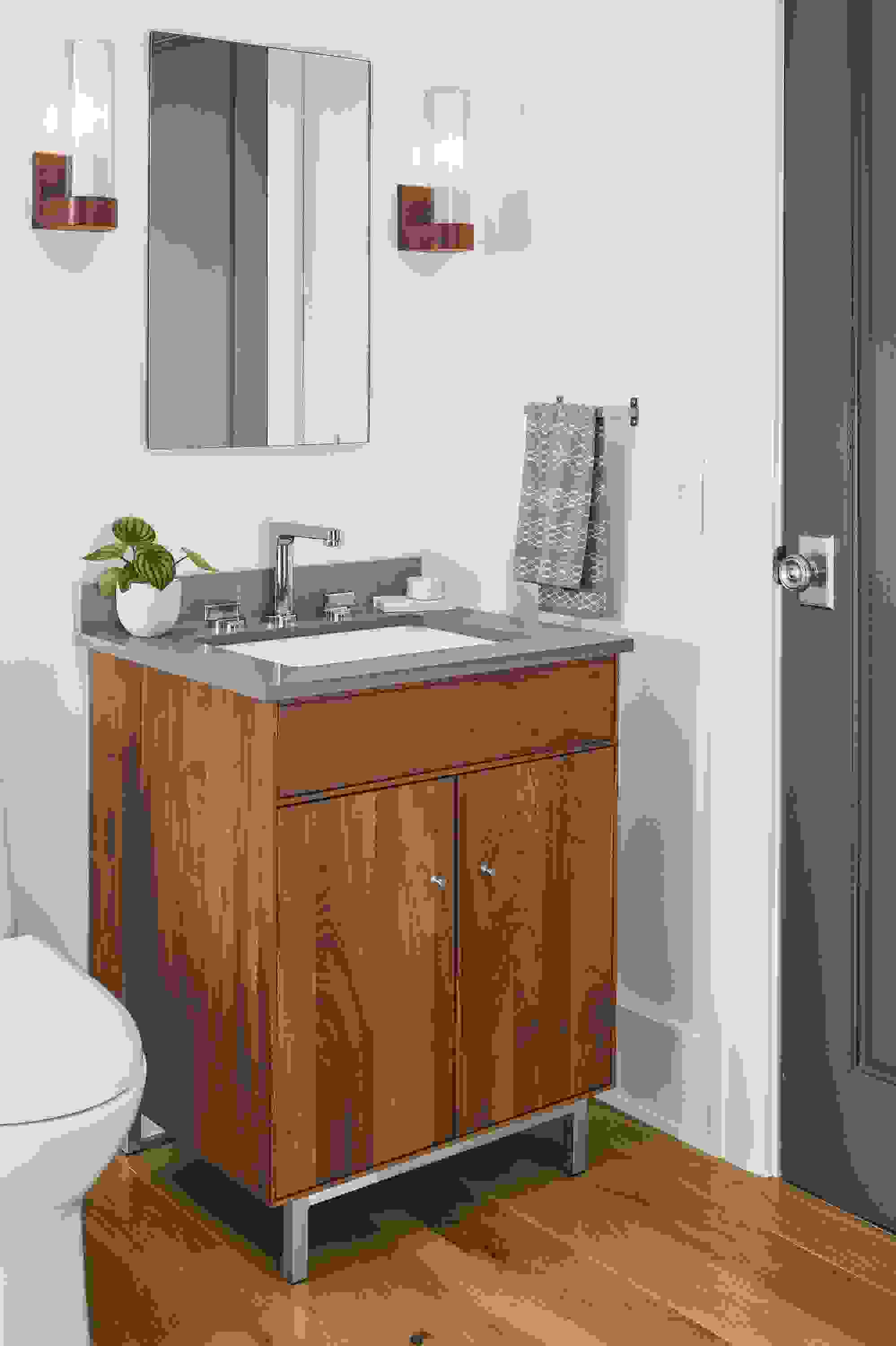 Side detail of Hudson vanity with grey top.