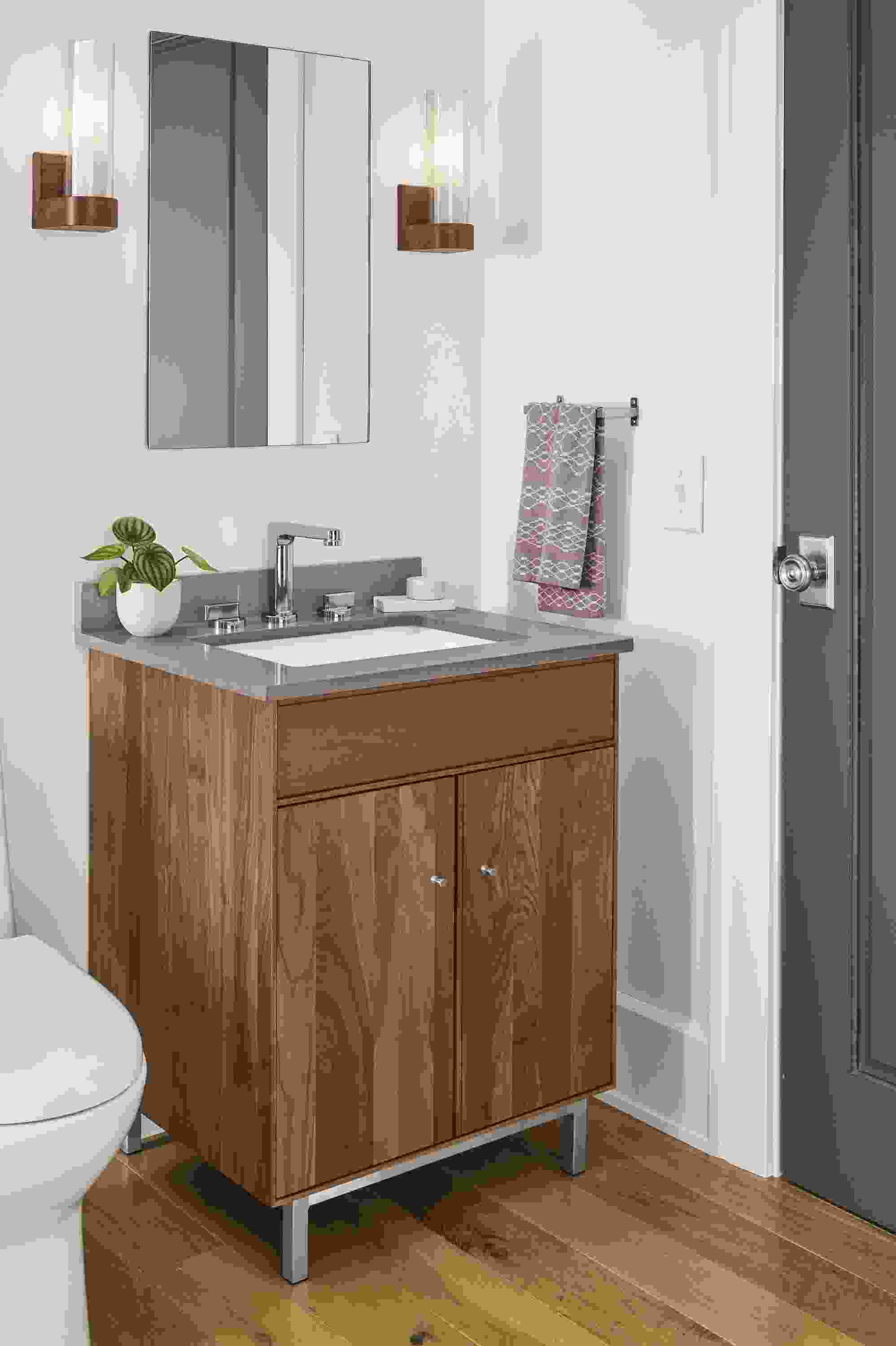 Side detail of Hudson vanity with grey top.