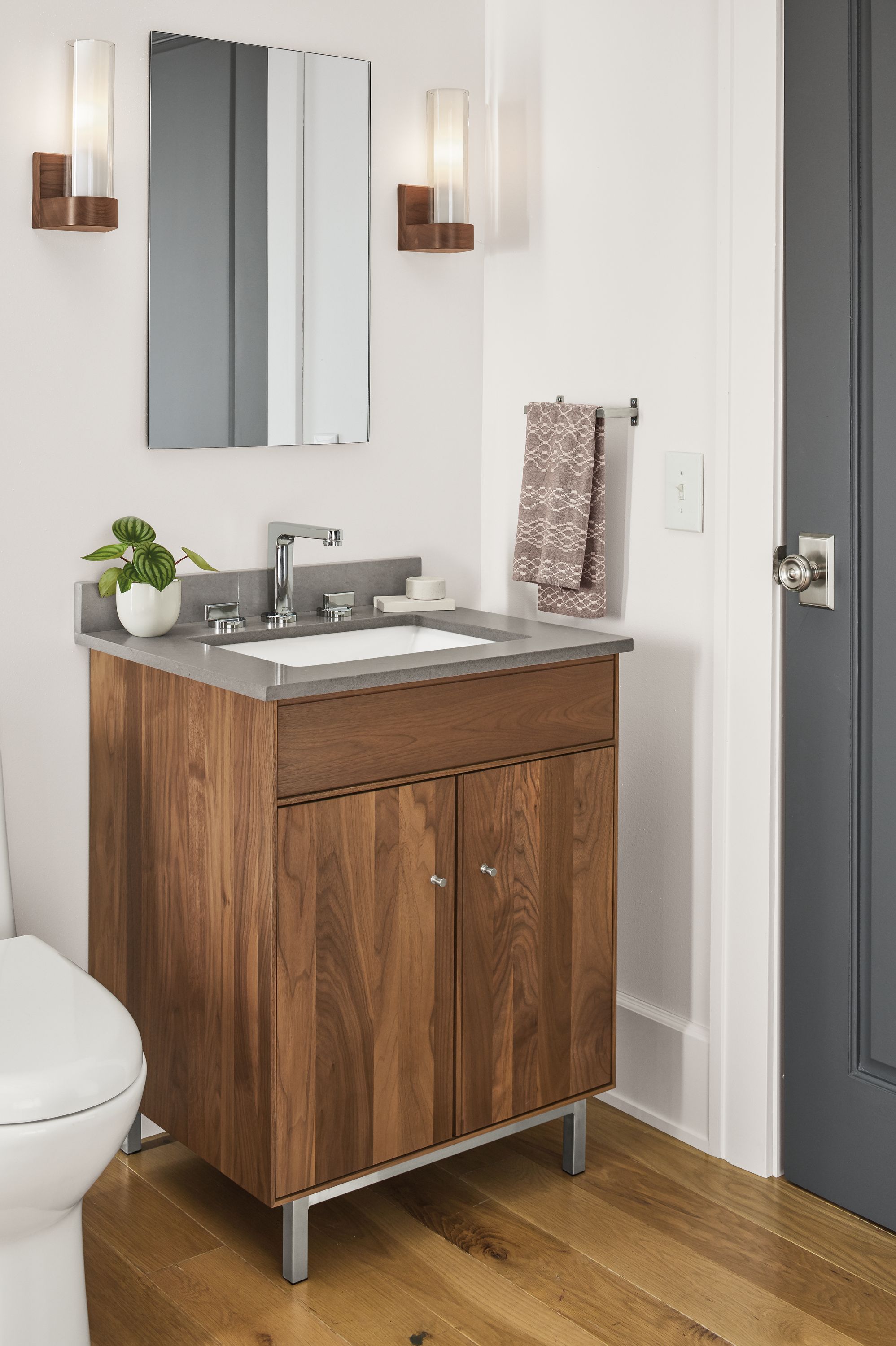 Side detail of Hudson vanity with grey top.