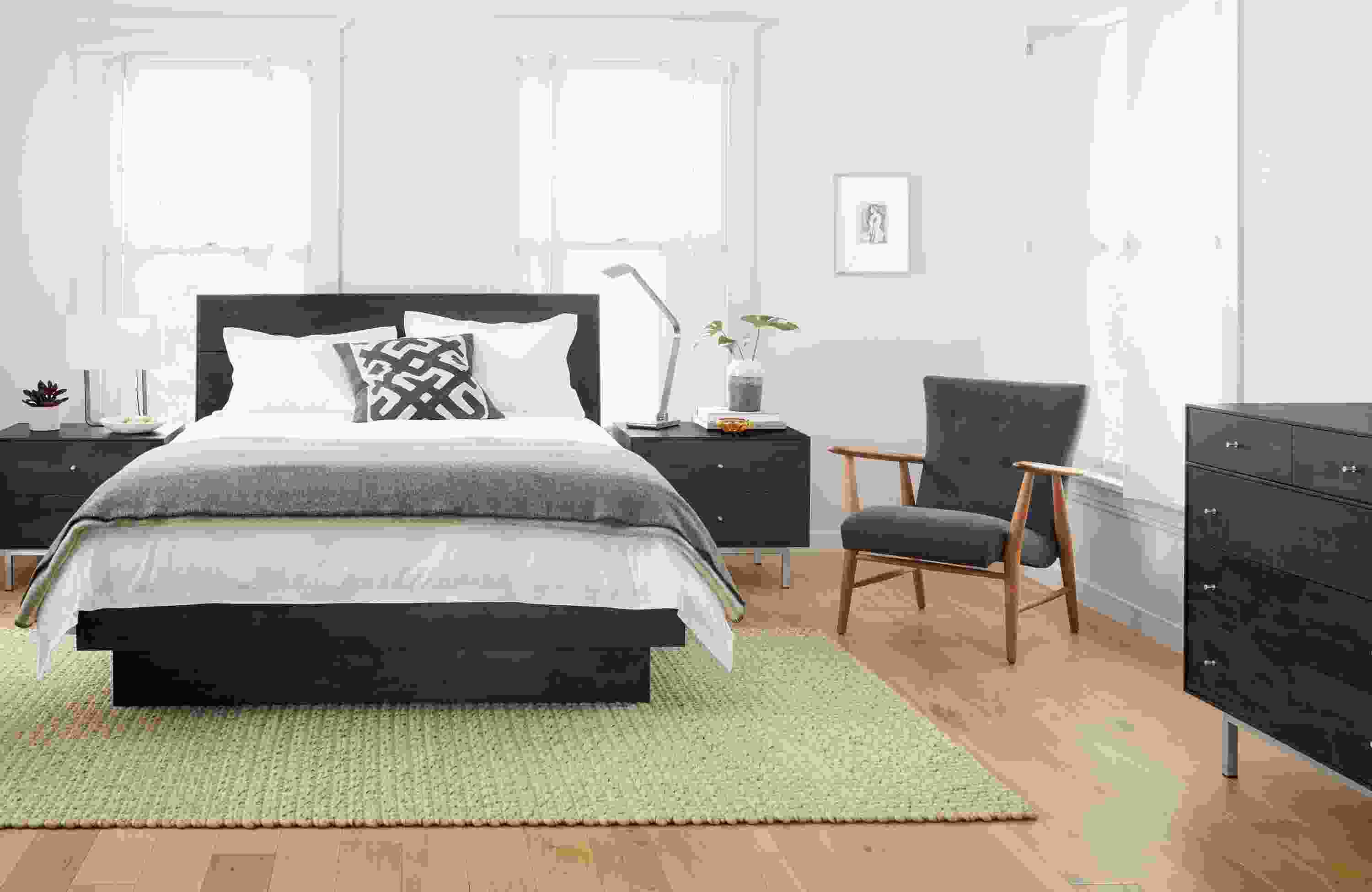 Front view of charcoal Hudson queen bed.