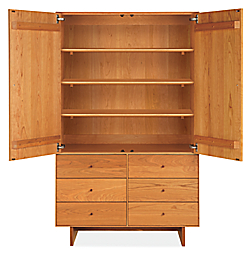 Open view of Hudson 44-wide 71-high Armoire with Wood Base in cherry.