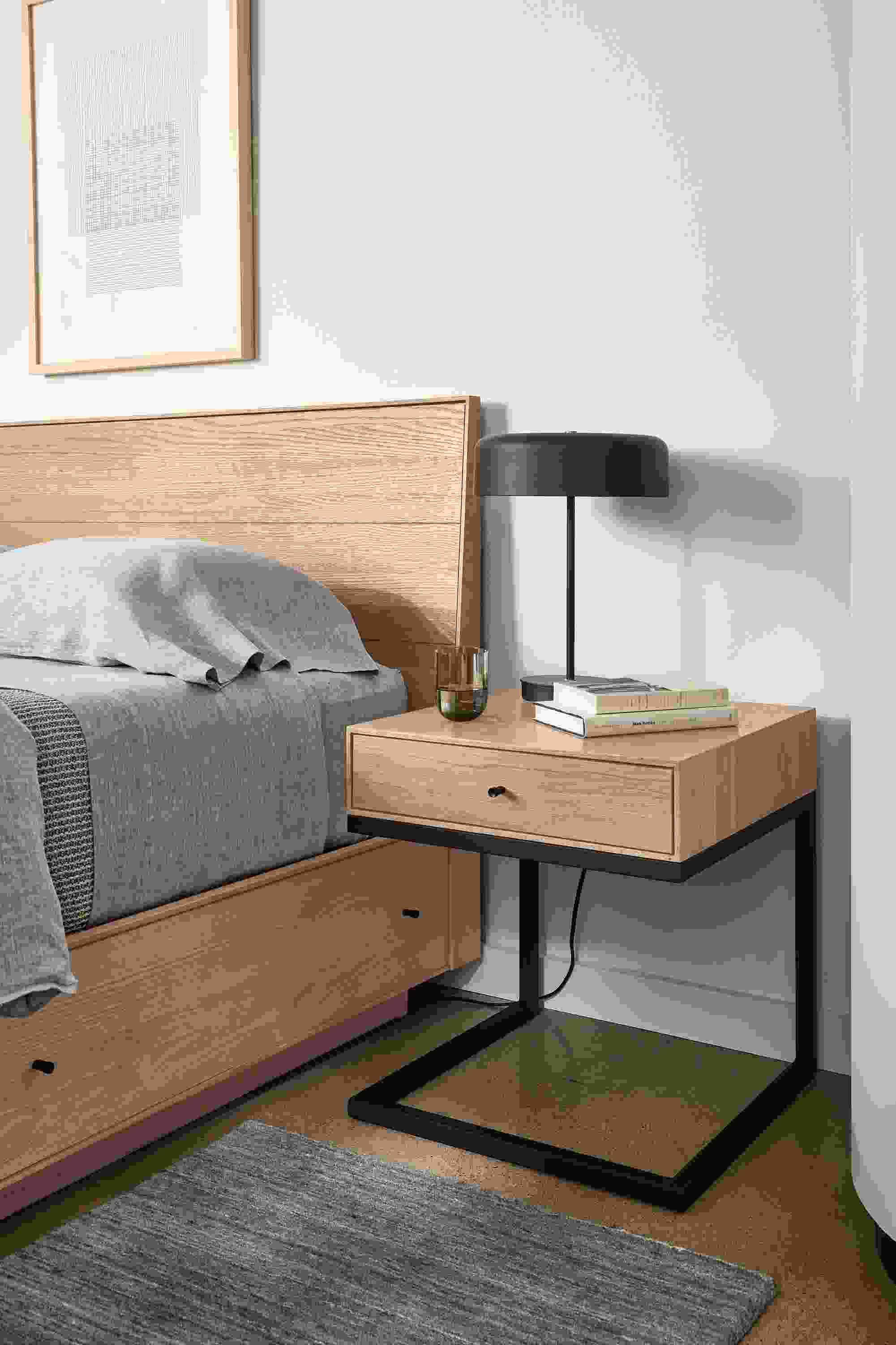 Bedroom with Hudson one-drawer C-table nightstand and Hudson queen storage bed in rye on red oak.