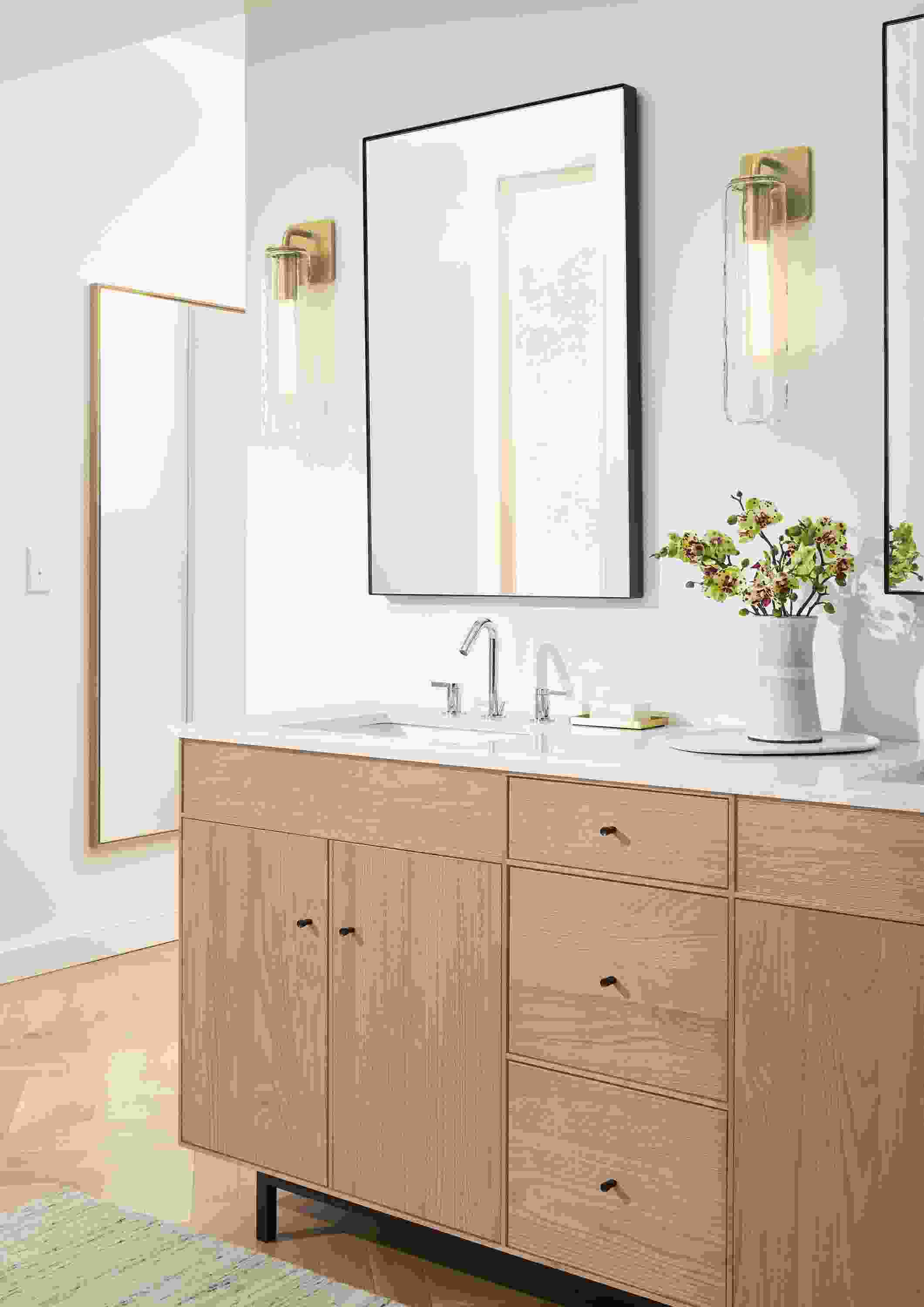 Bathroom with Hudson 72-wide double-sink bath vanity in Rye on Red Oak with Marbled White Quartz top and 2 Infinity mirrors in graphite.