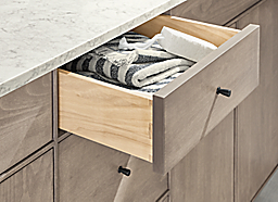 Detail of Hudson vanity with open drawer.