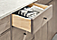 Detail of Hudson vanity with open drawer.