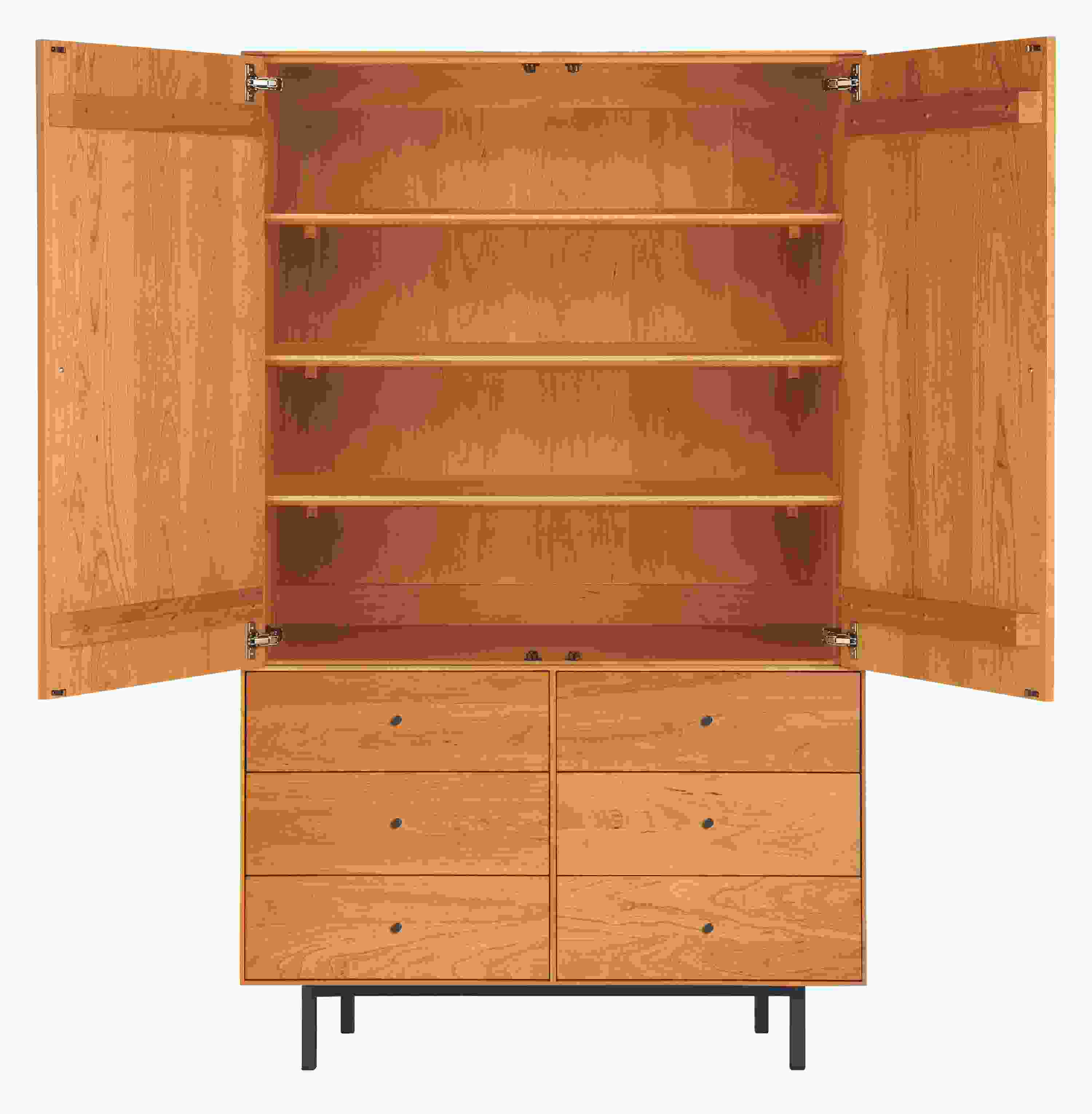 Open view of Hudson 44-wide 71-high Armoire with Steel Base in cherry and Natural steel.