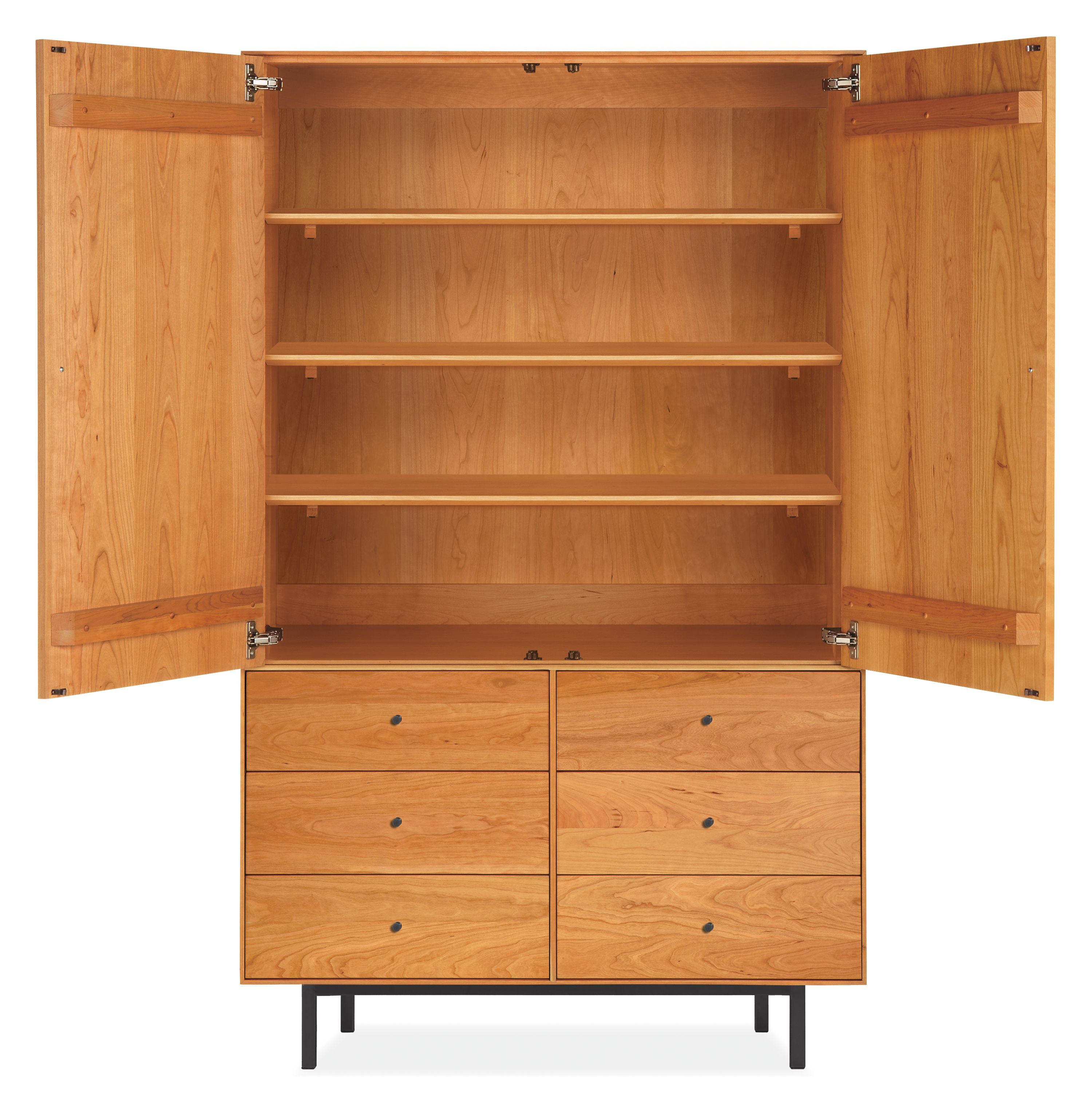 Open view of Hudson 44-wide 71-high Armoire with Steel Base in cherry and Natural steel.