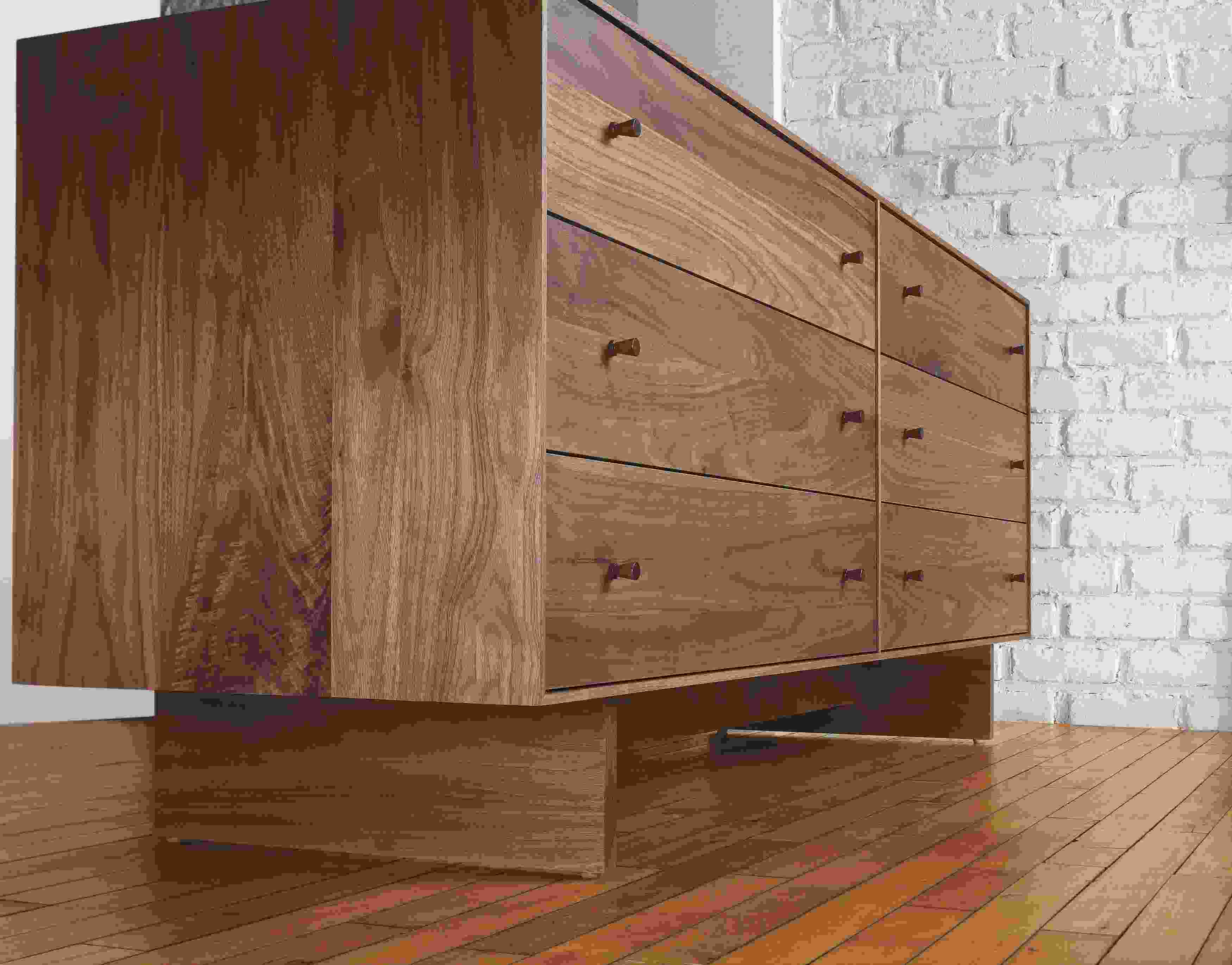 Detail of Hudson 72-wide Six-Drawer Dresser in Walnut with Walnut Base.